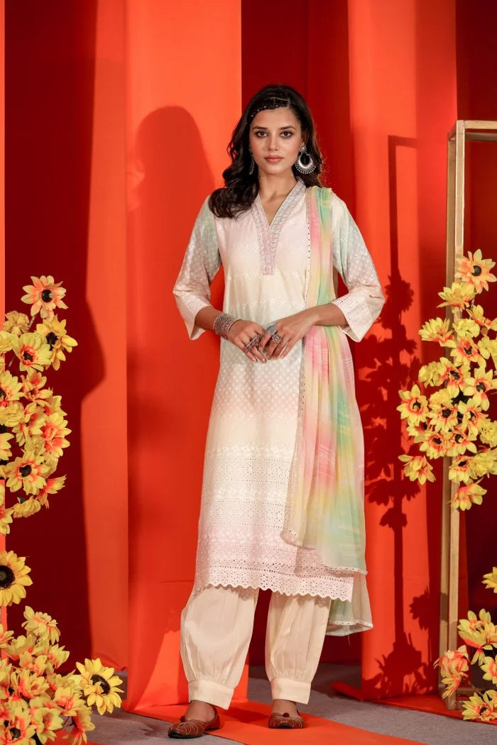 Elegant Schiffli Trio  A-Line Kurta Set