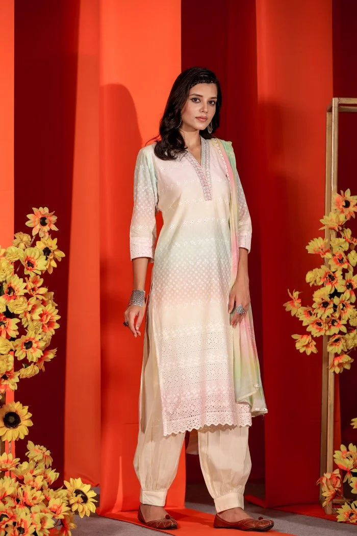 Elegant Schiffli Trio  A-Line Kurta Set