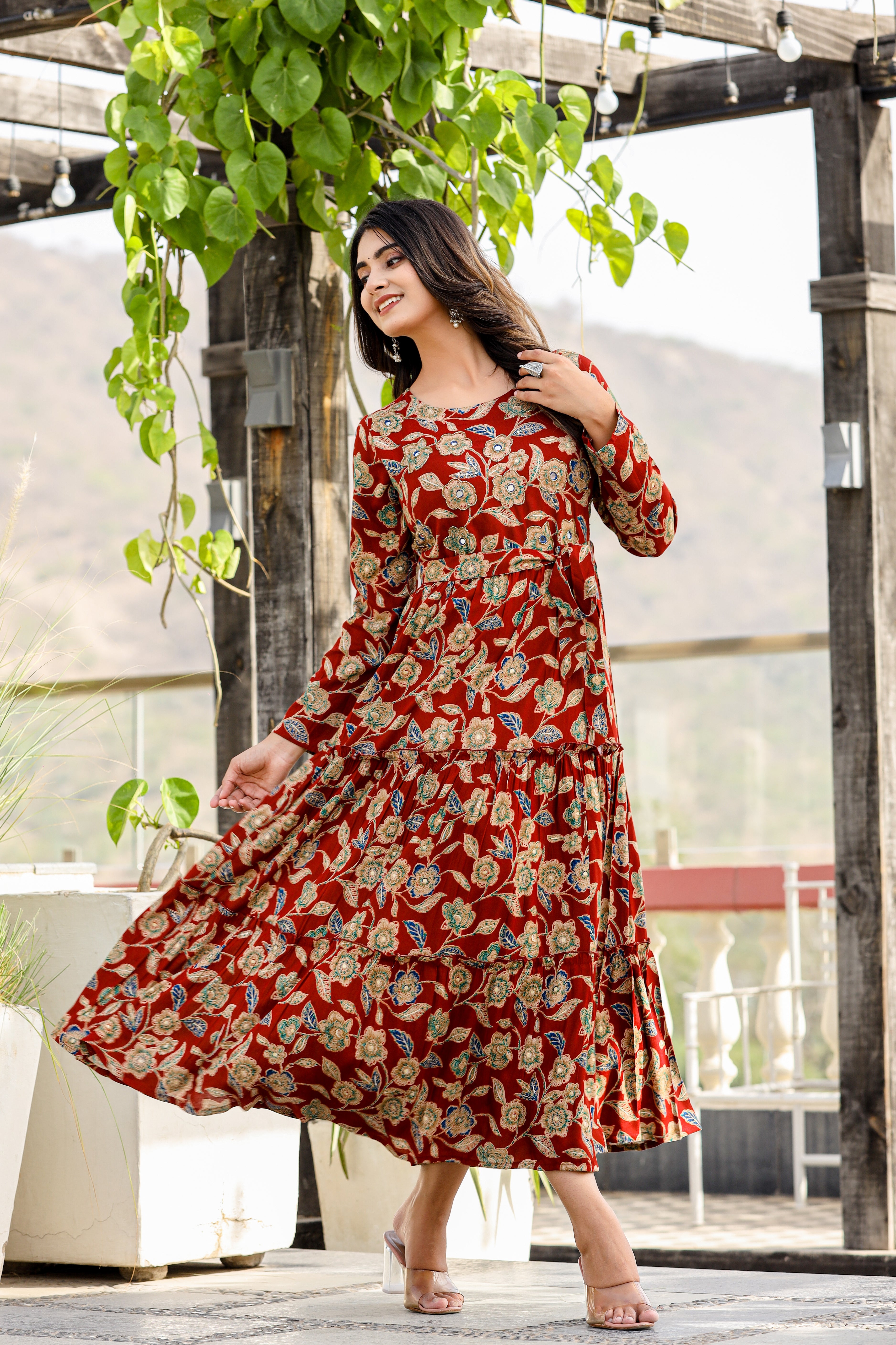 Maroon Red Cotton Printed Long Dress