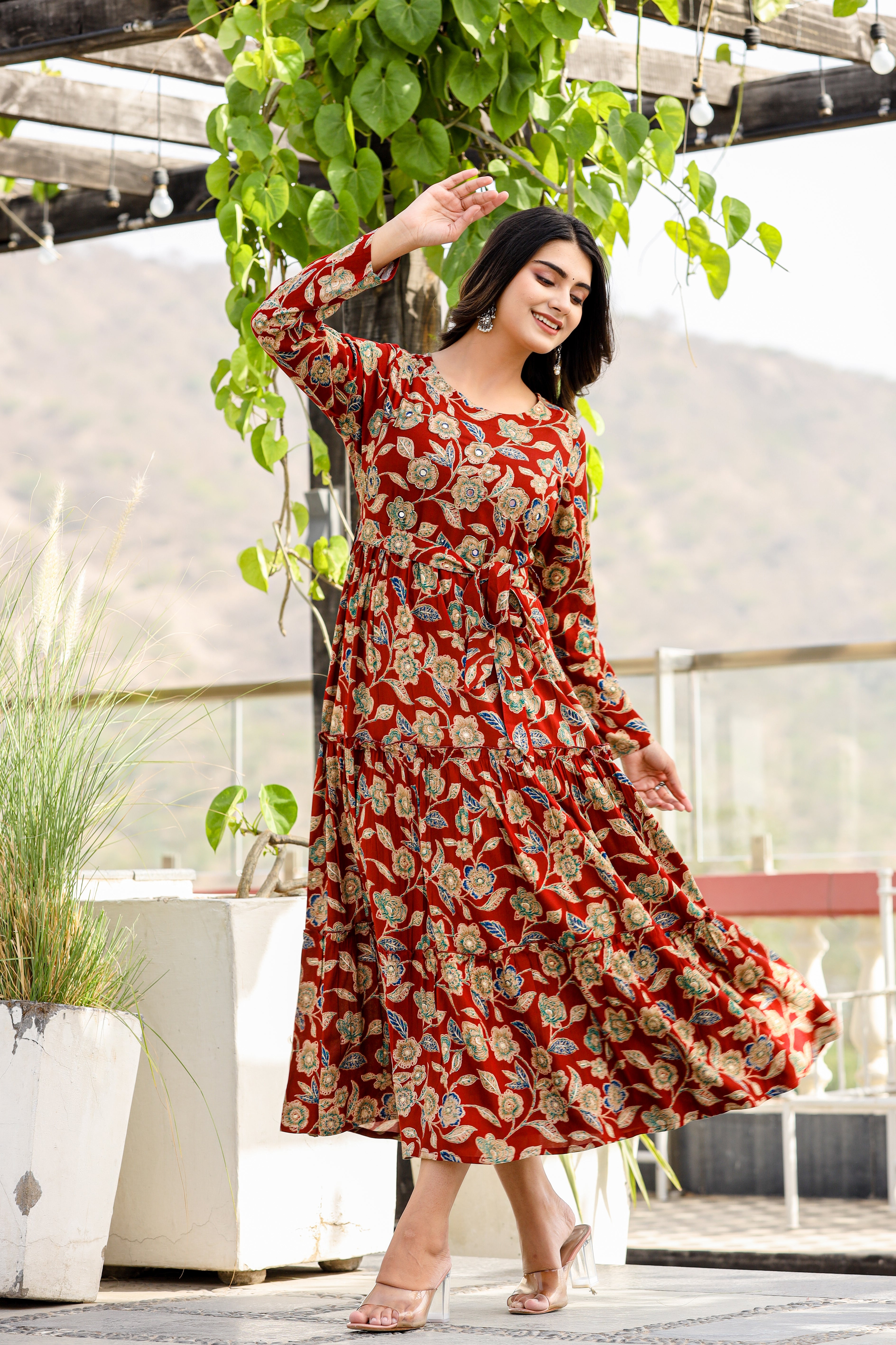 Maroon Red Cotton Printed Long Dress