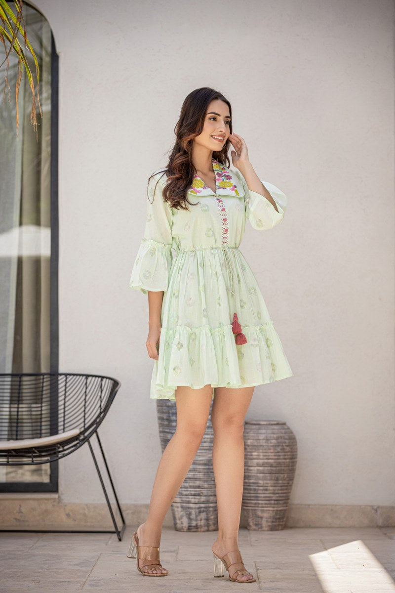 V-Neck With Embroidered Peter Pan Collar Printed Cotton Tunic Dress