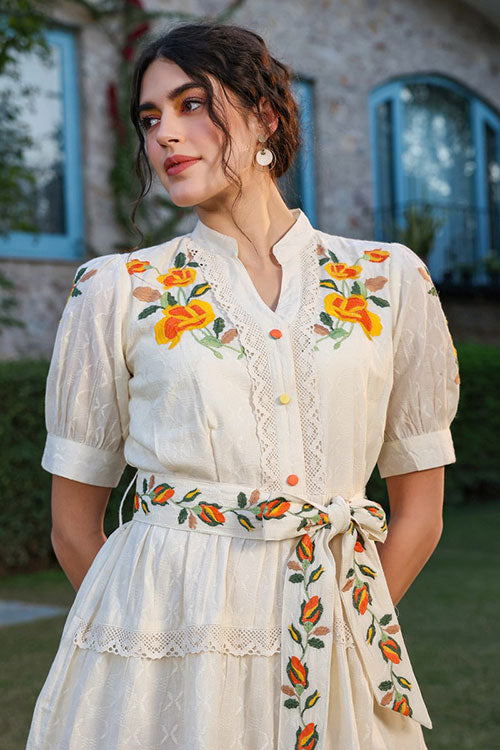 Cotton Embroidered Tunic Dress with Embroidered Belt