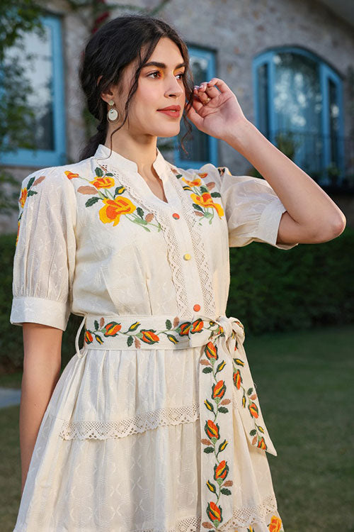 Cotton Embroidered Tunic Dress with Embroidered Belt