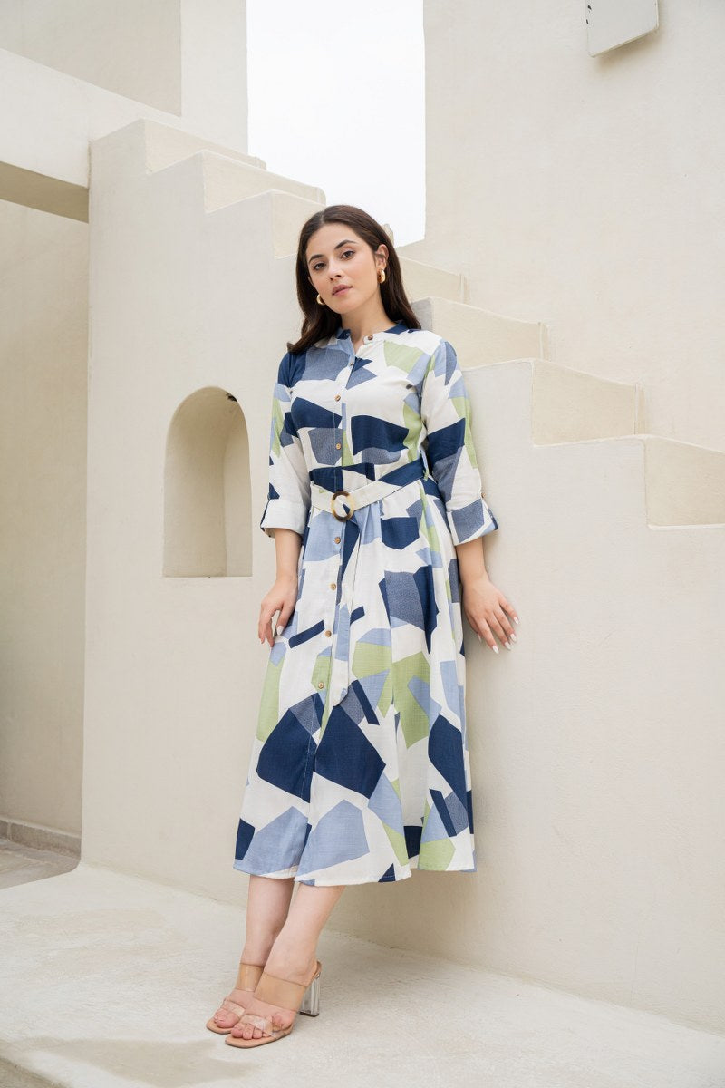 Geometric Print A Line Midi Dress with Belted waist and roll up sleeve- Green