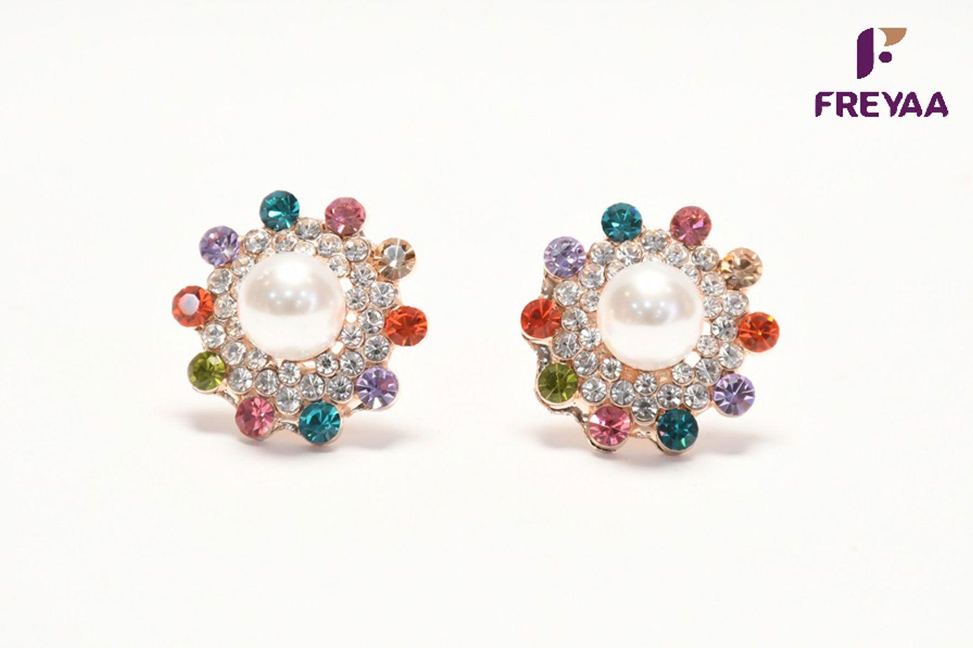 Classic White Pearl Studs With Multicolour Crystals Earring 1 - Freyaa