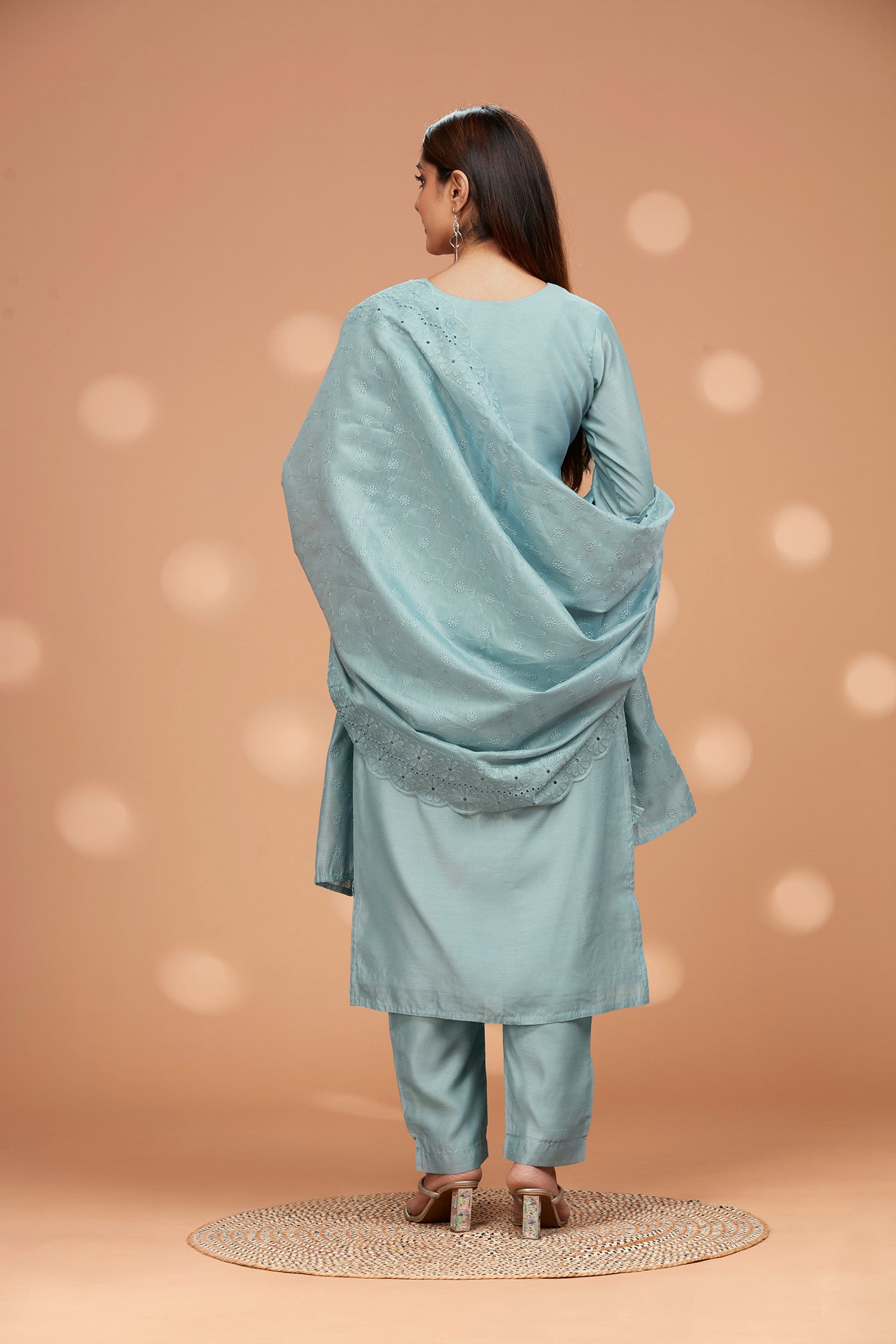 Three-Piece Schiffli Kurta and Dupatta with Solid Pants