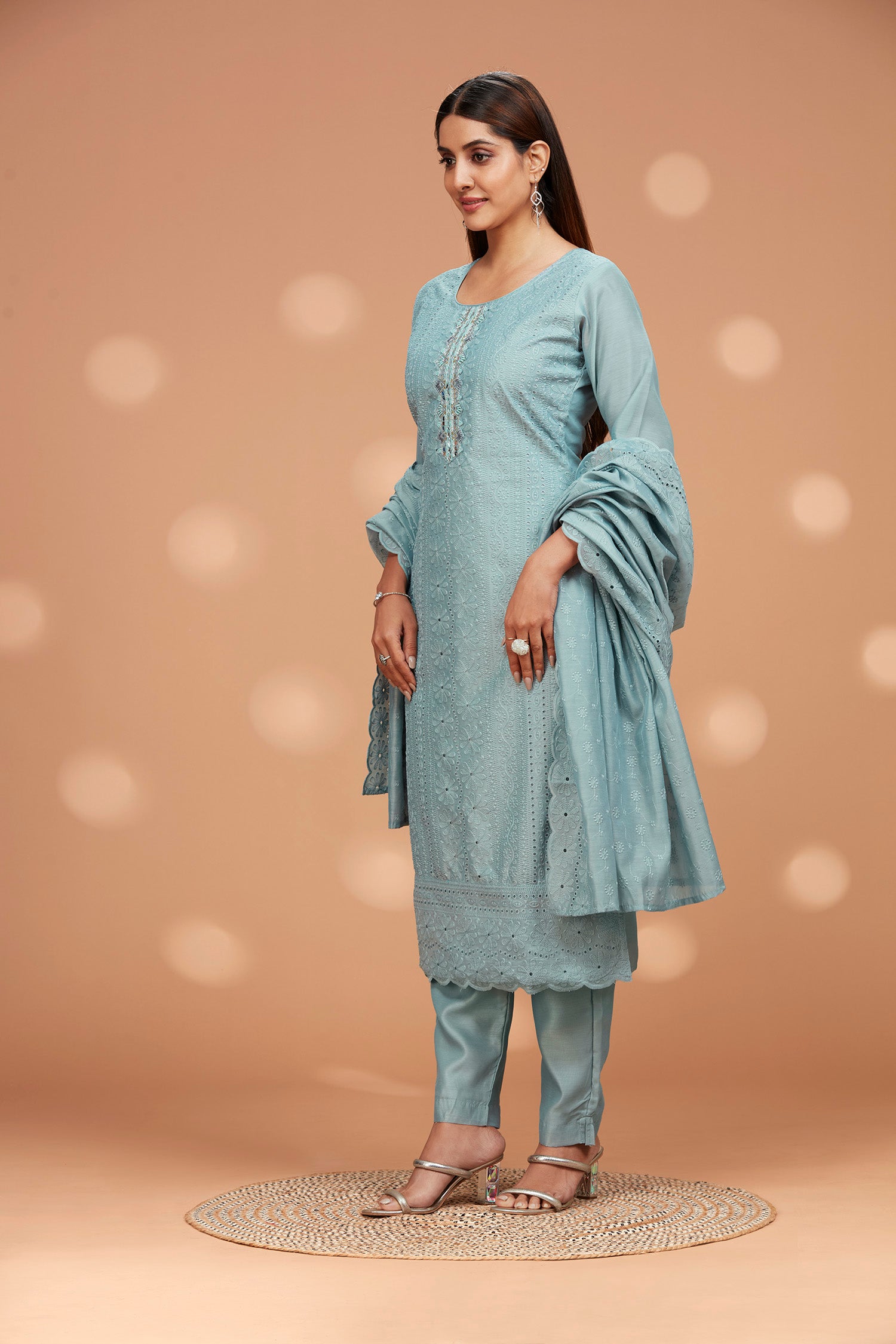 Three-Piece Schiffli Kurta and Dupatta with Solid Pants