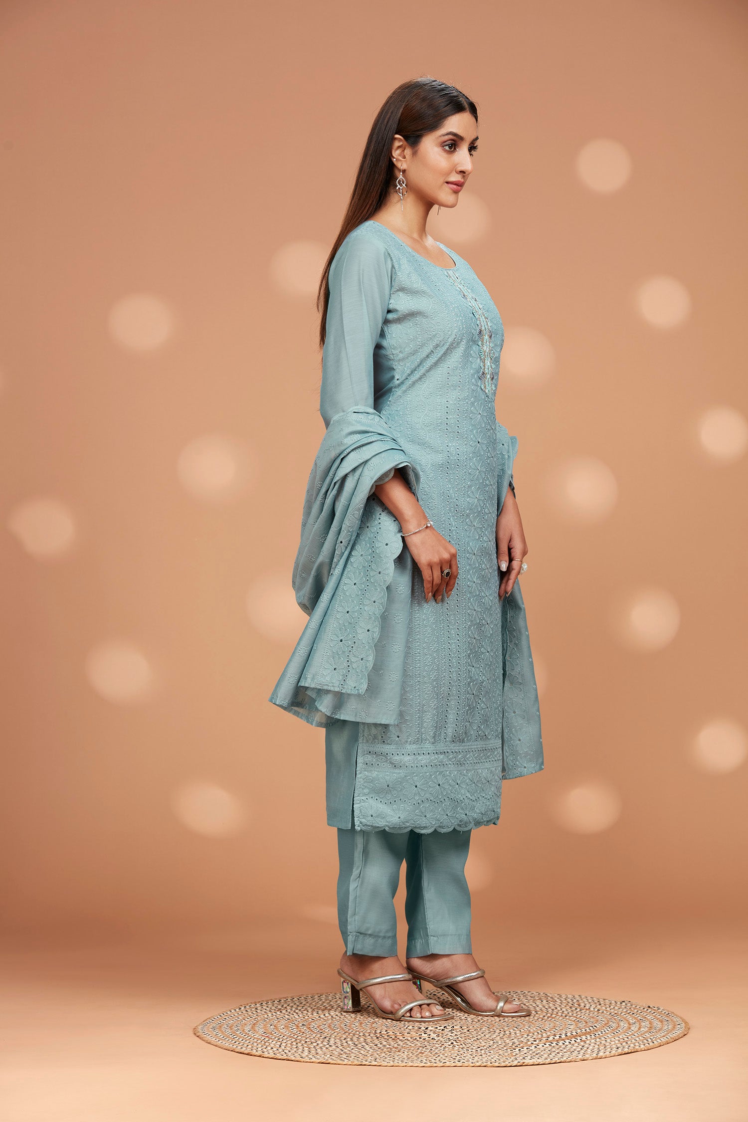 Three-Piece Schiffli Kurta and Dupatta with Solid Pants