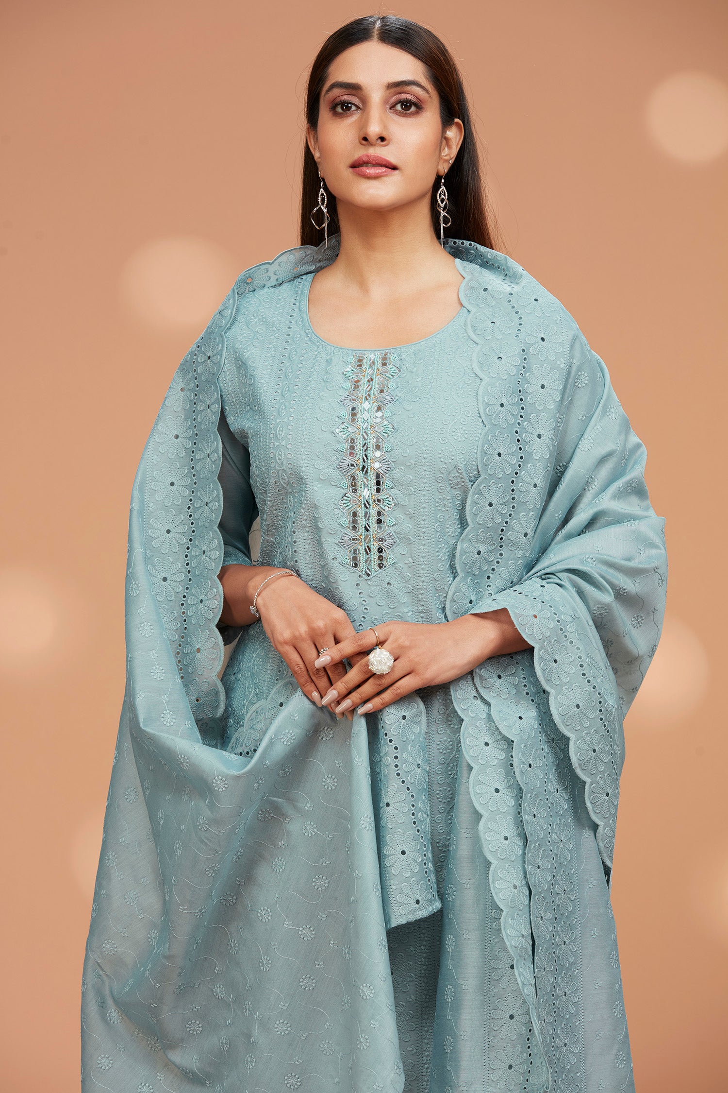 Three-Piece Schiffli Kurta and Dupatta with Solid Pants