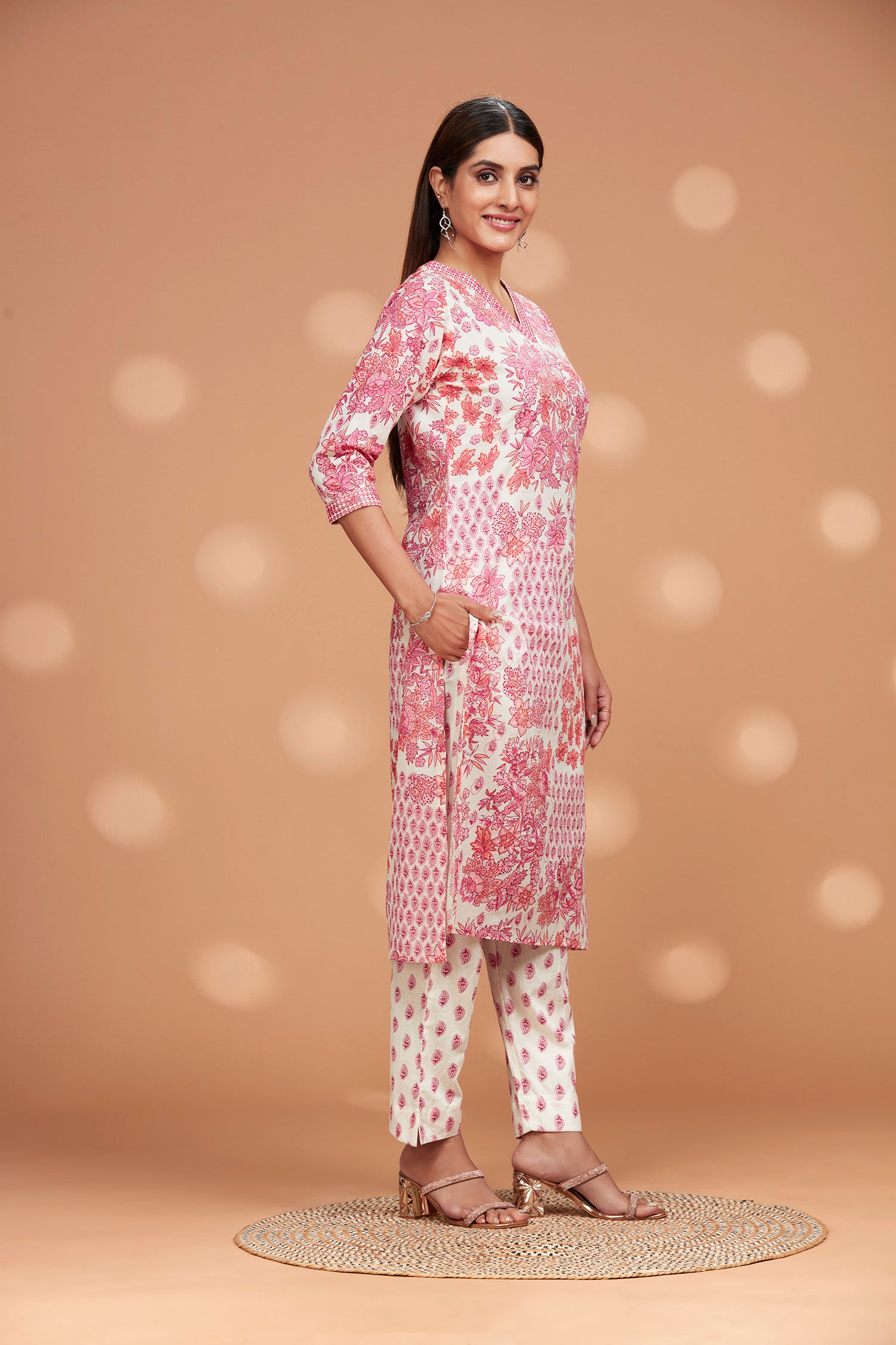 Cotton V Neck Printed A line Kurta Set