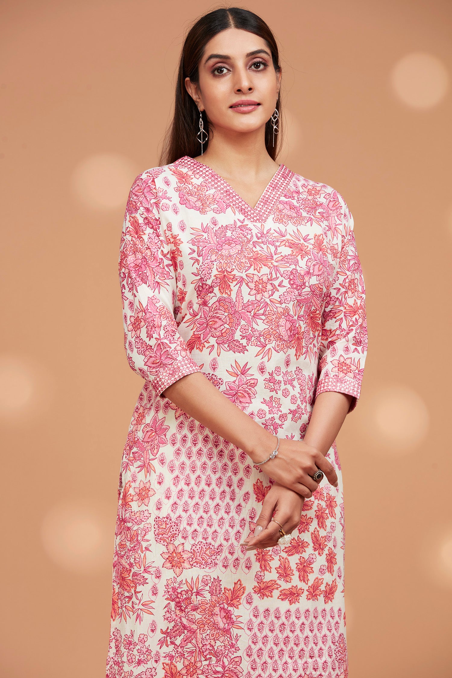 Cotton V Neck Printed A line Kurta Set