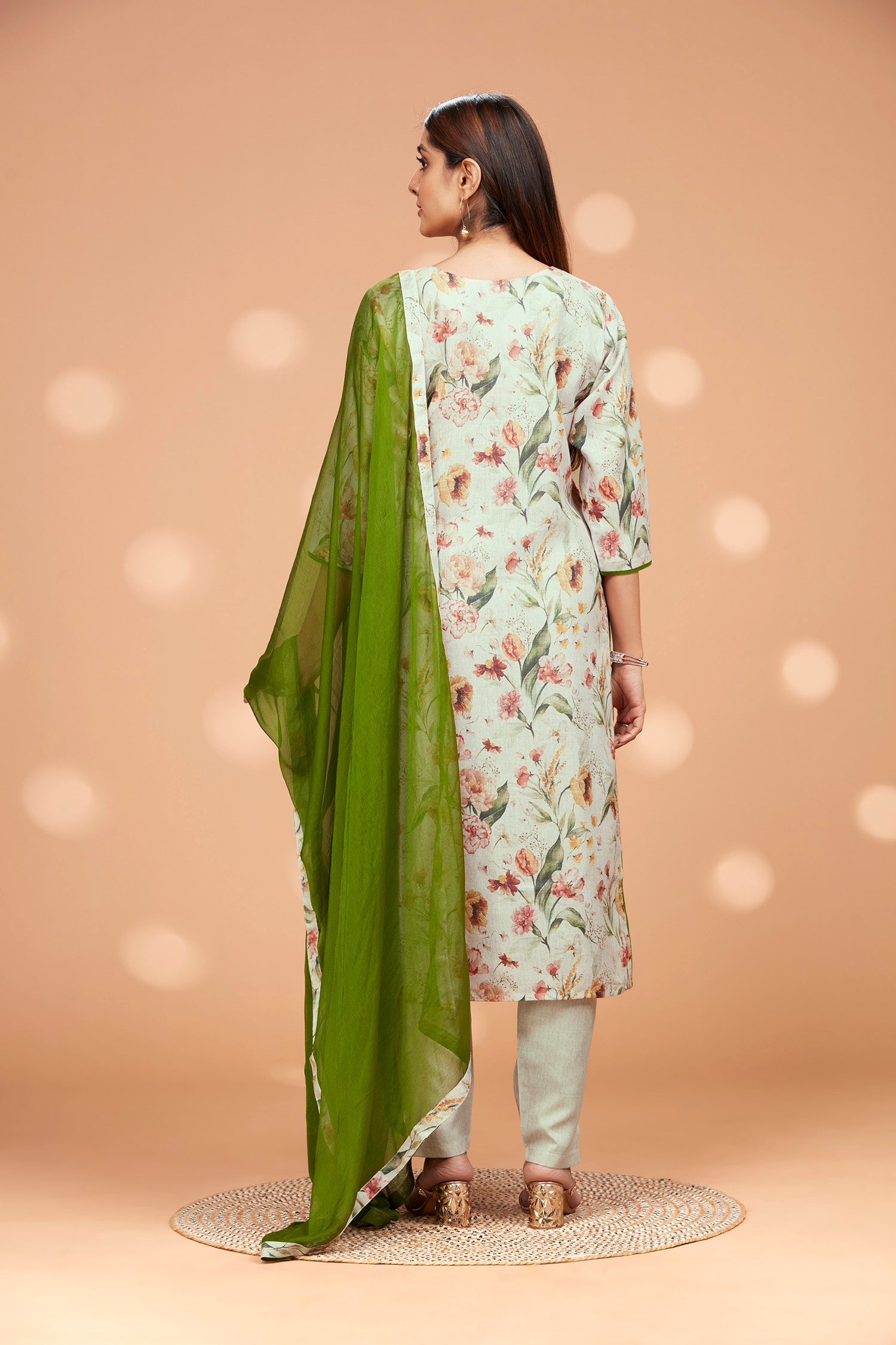 Three-Piece Cotton Foral Printed Kurta and Dupatta with Solid Pants