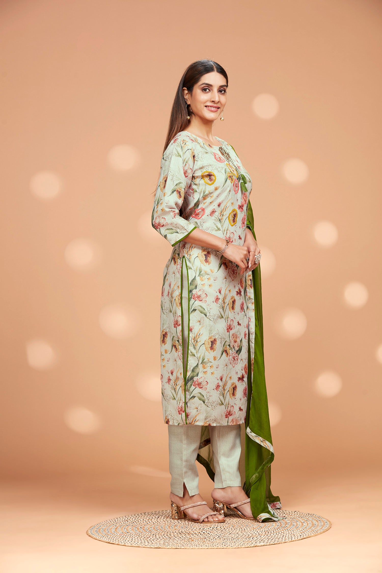 Three-Piece Cotton Foral Printed Kurta and Dupatta with Solid Pants