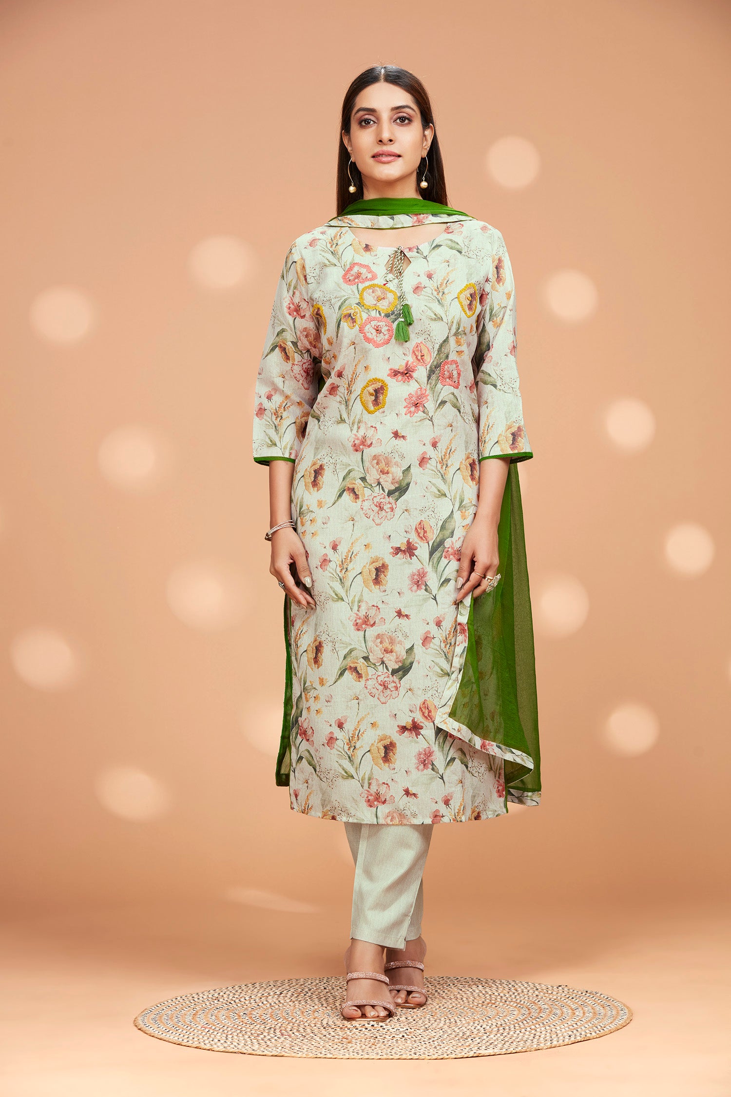 Three-Piece Cotton Foral Printed Kurta and Dupatta with Solid Pants