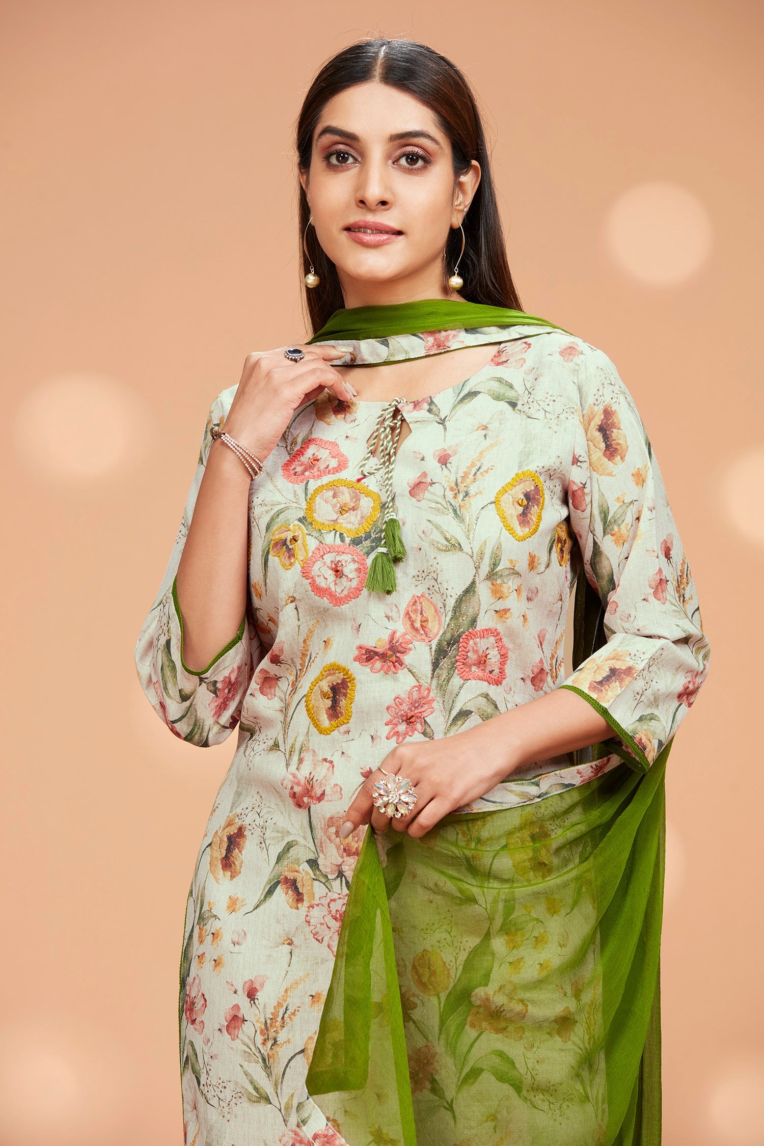 Three-Piece Cotton Foral Printed Kurta and Dupatta with Solid Pants