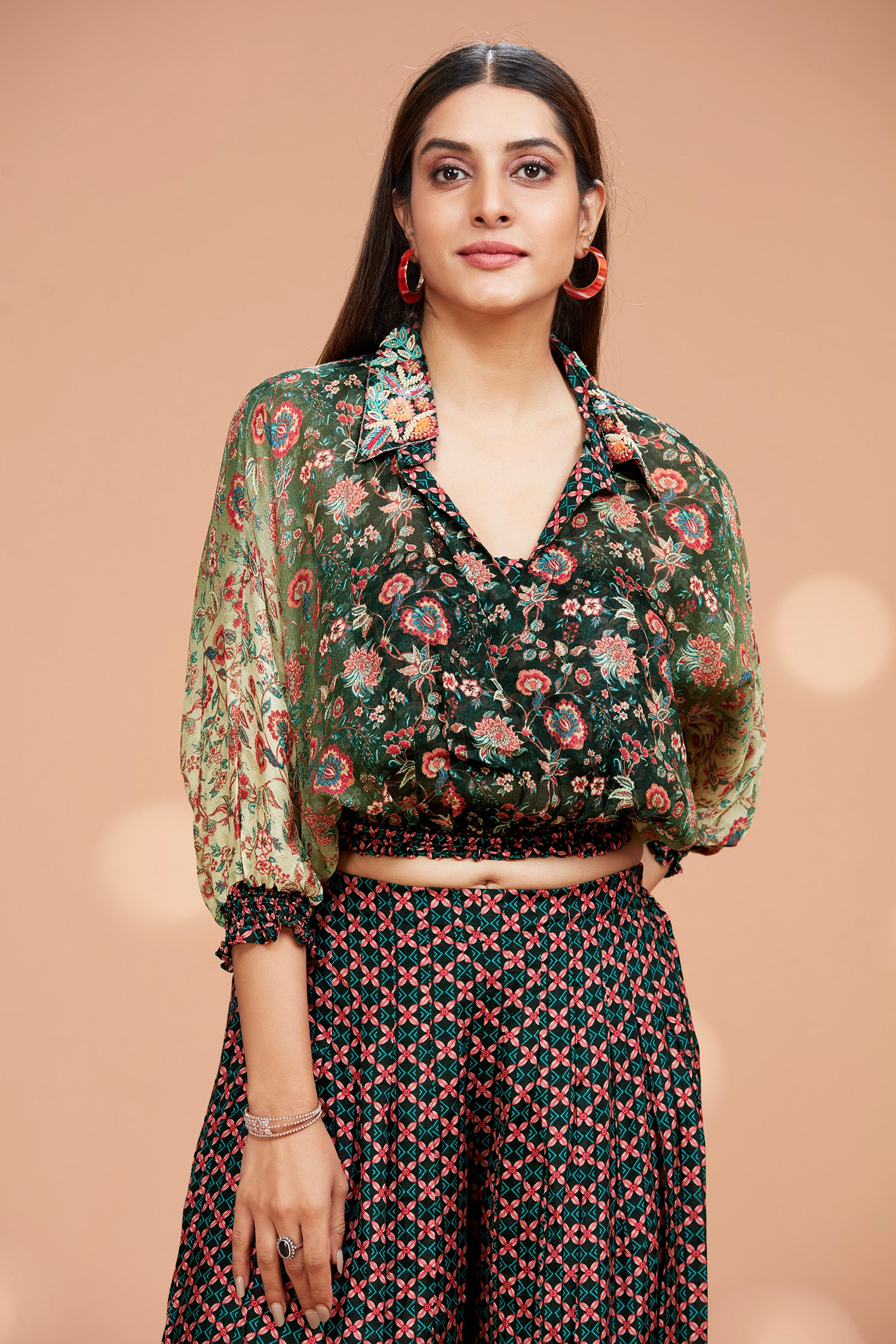 Chiffon Ballon Crop Top Co-Ord Set