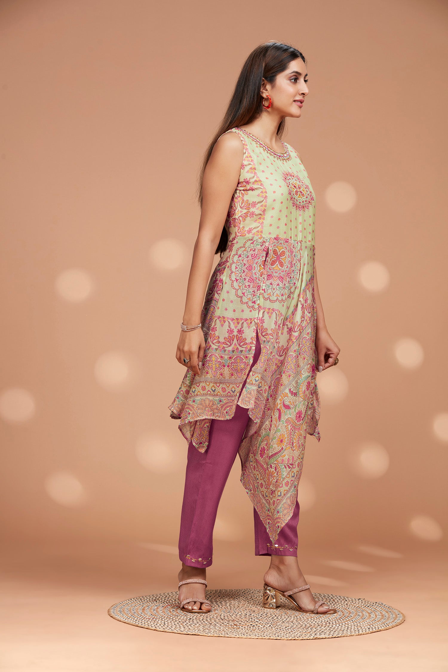 Two- Piece Muslin Front Long Slit Kurta Set