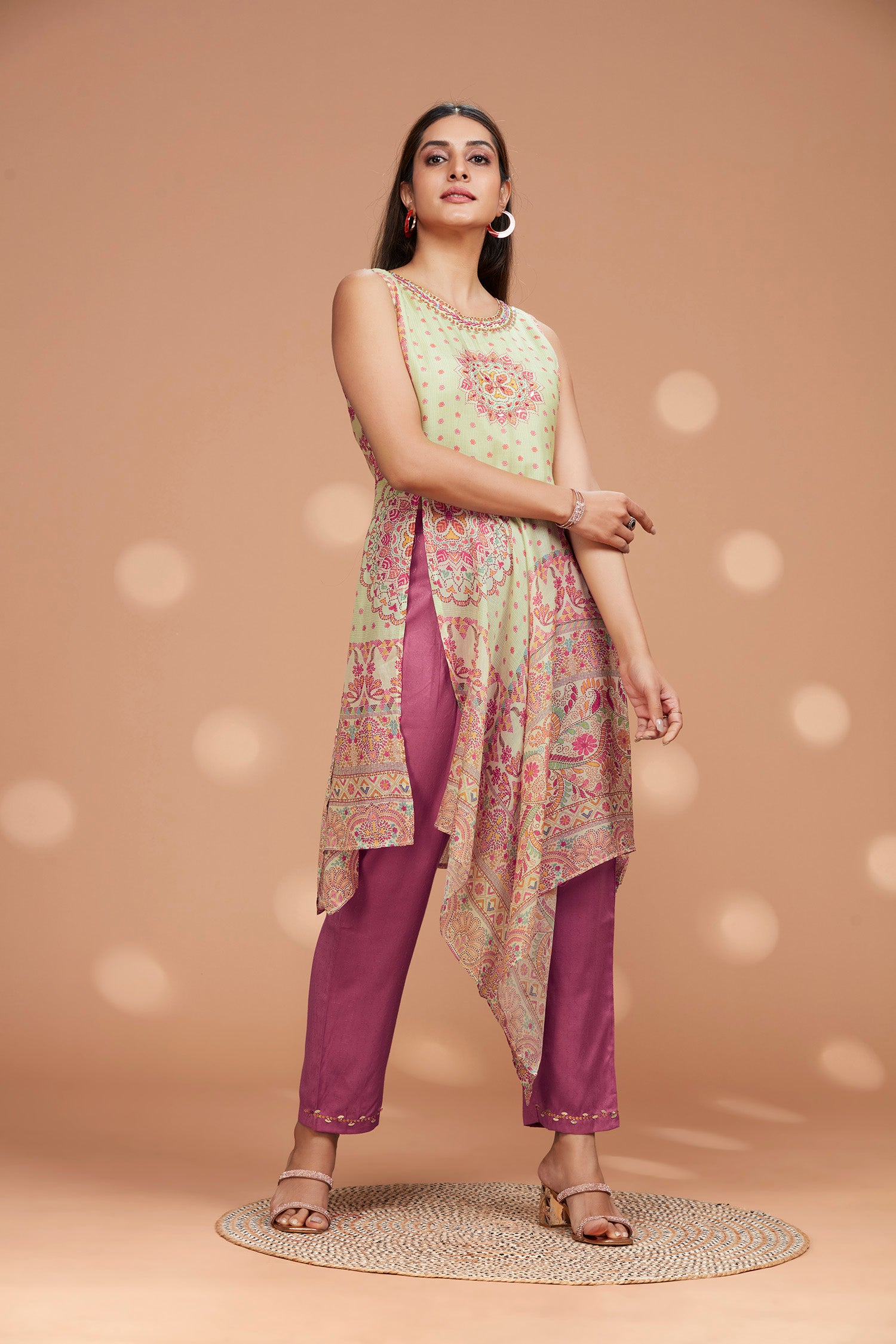 Two- Piece Muslin Front Long Slit Kurta Set