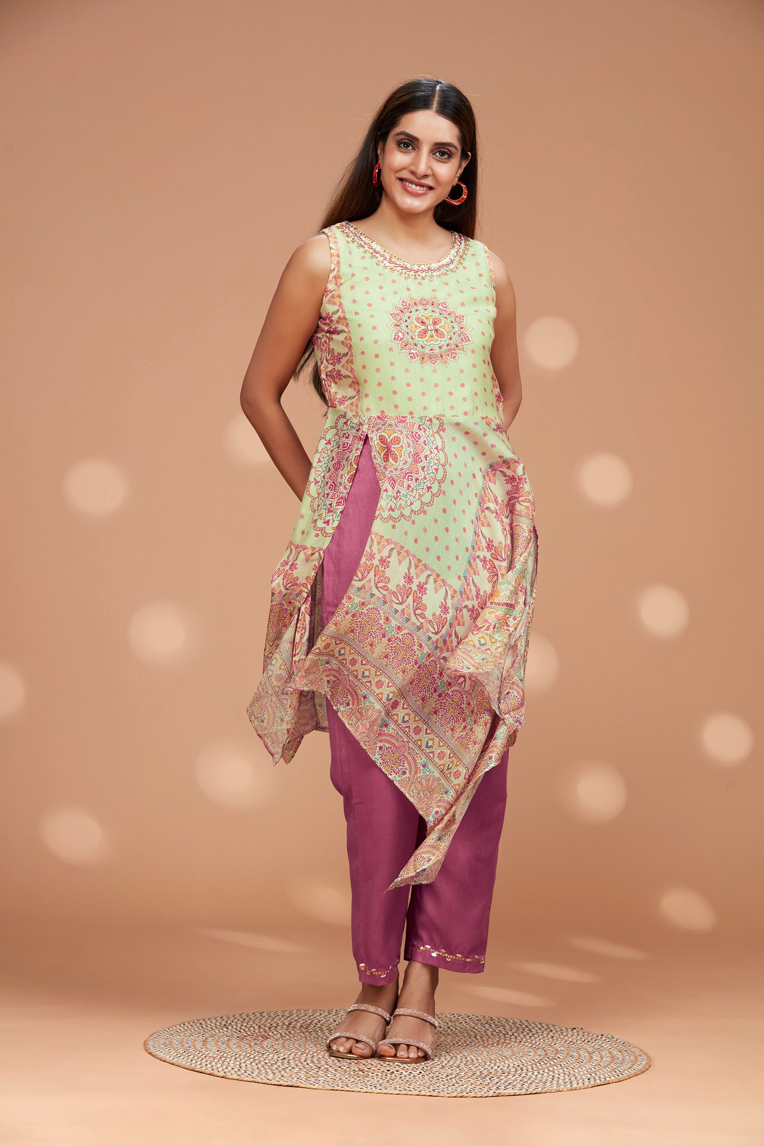 Two- Piece Muslin Front Long Slit Kurta Set