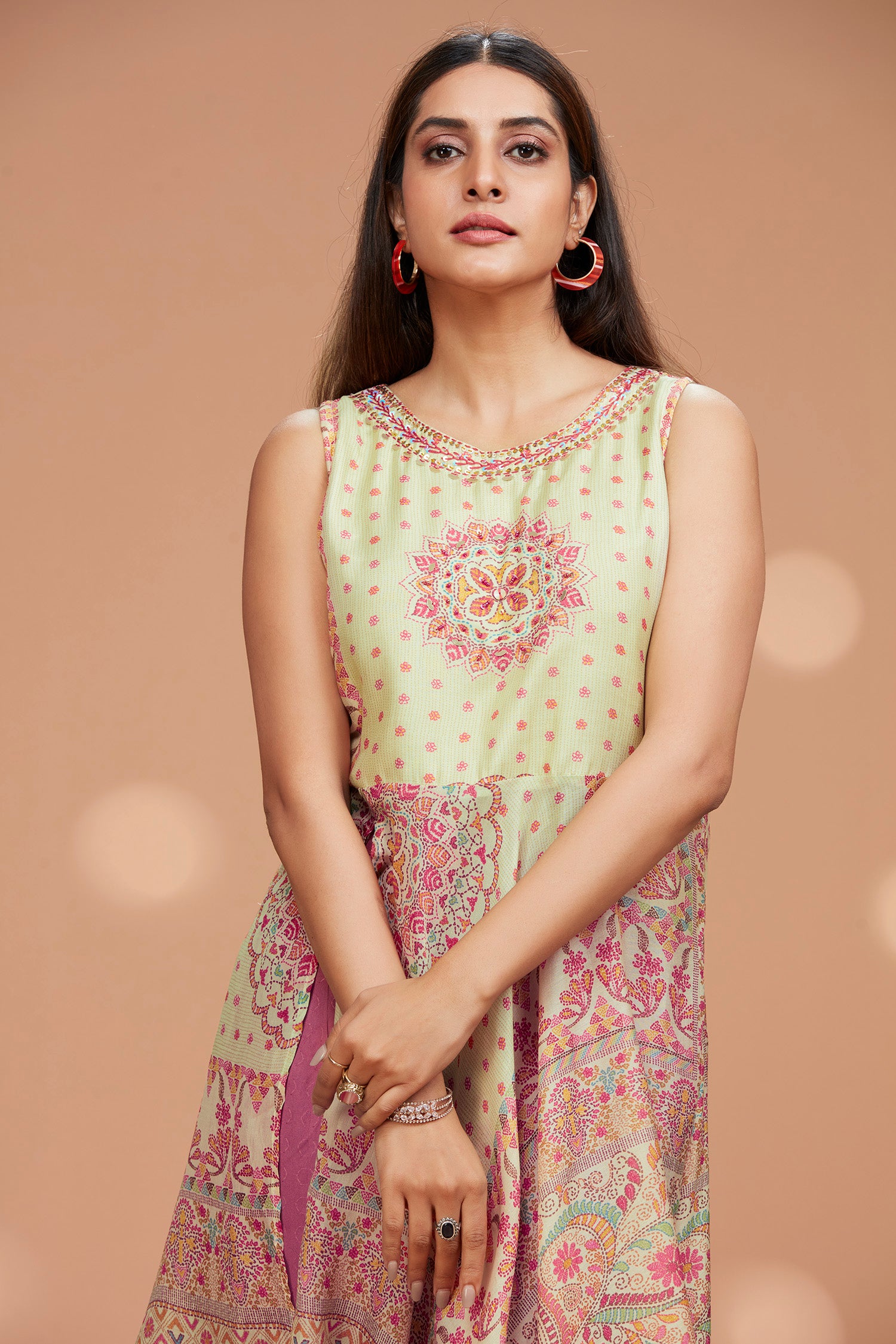 Two- Piece Muslin Front Long Slit Kurta Set