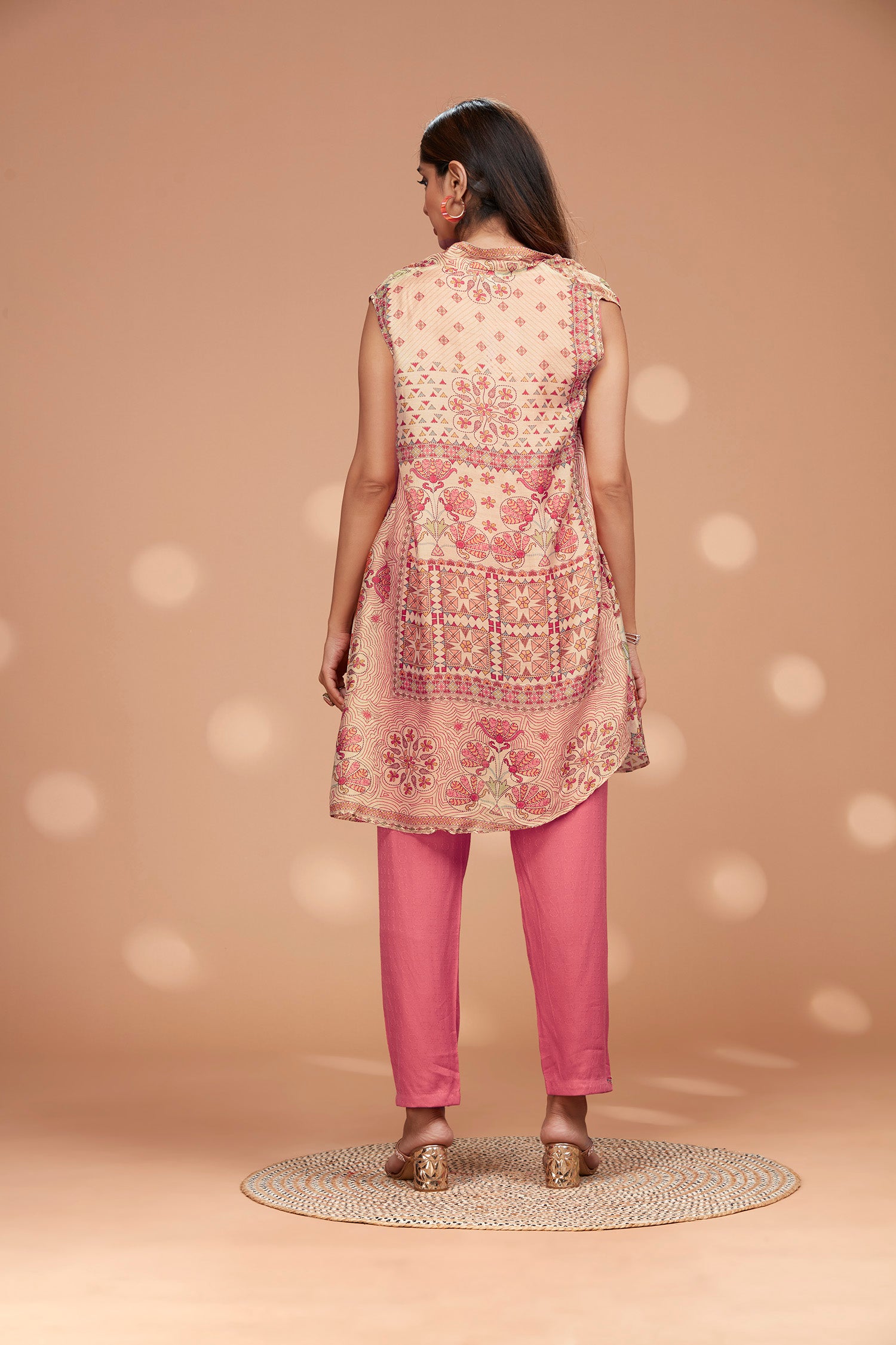 Pink Solid Co-Ord Set with Printed Sleeveless Shrug