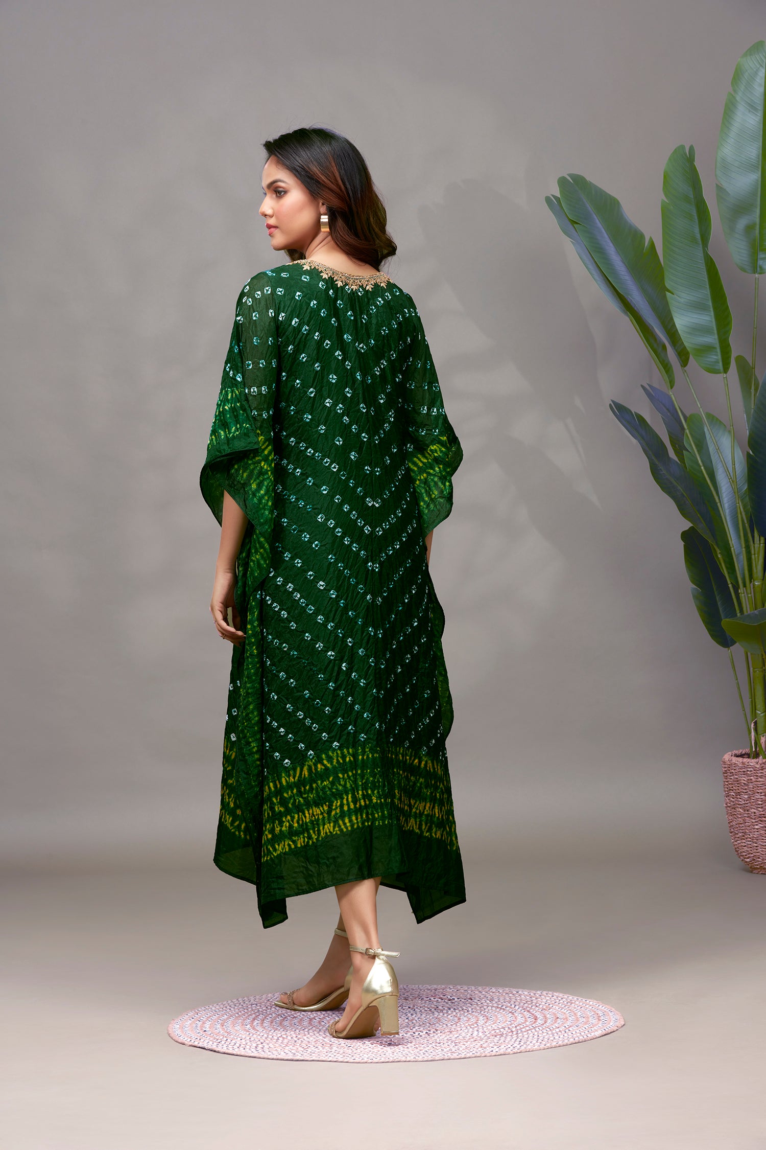 Bandhani Kaftan in Bottle Green Color