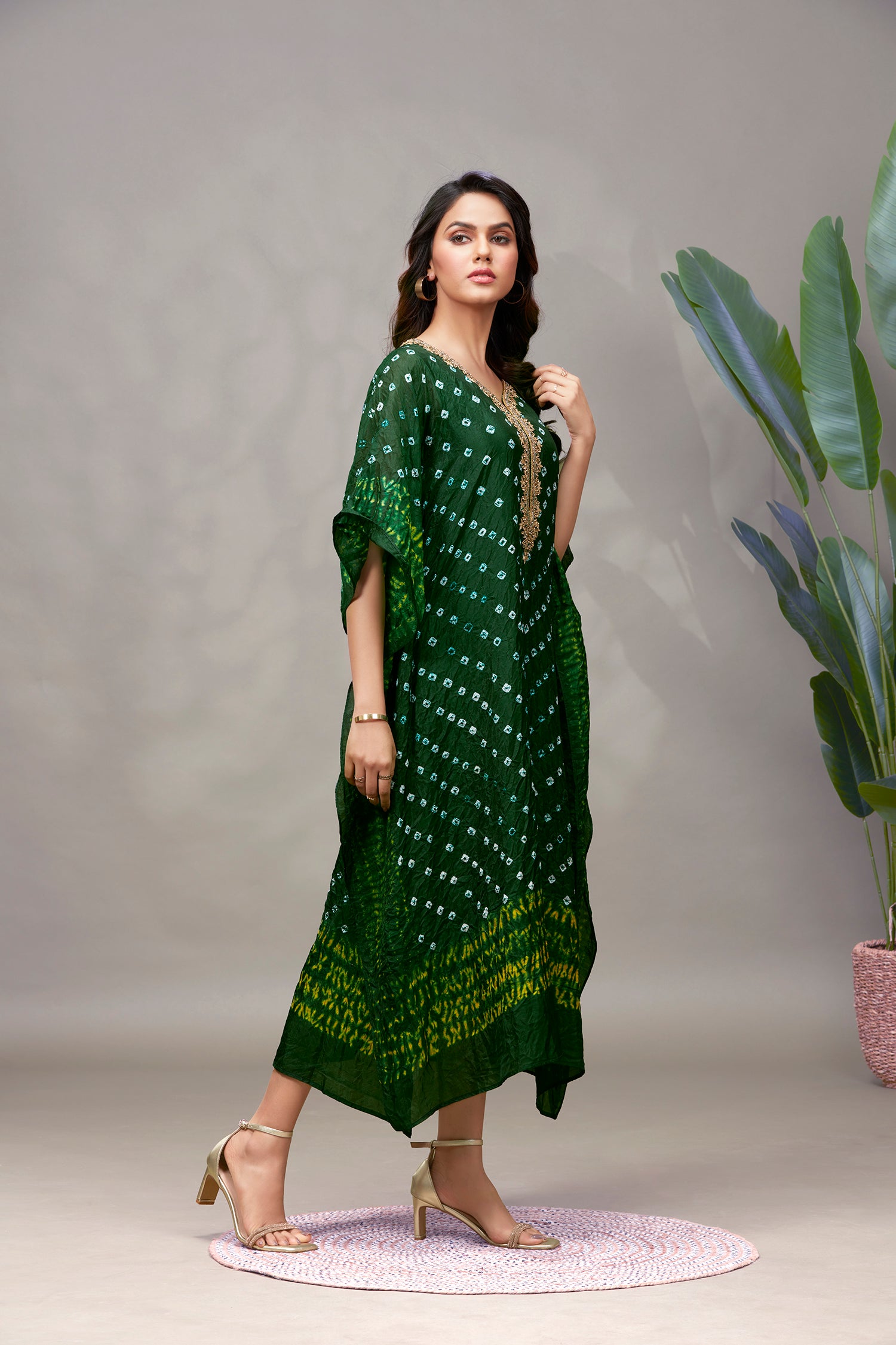 Bandhani Kaftan in Bottle Green Color