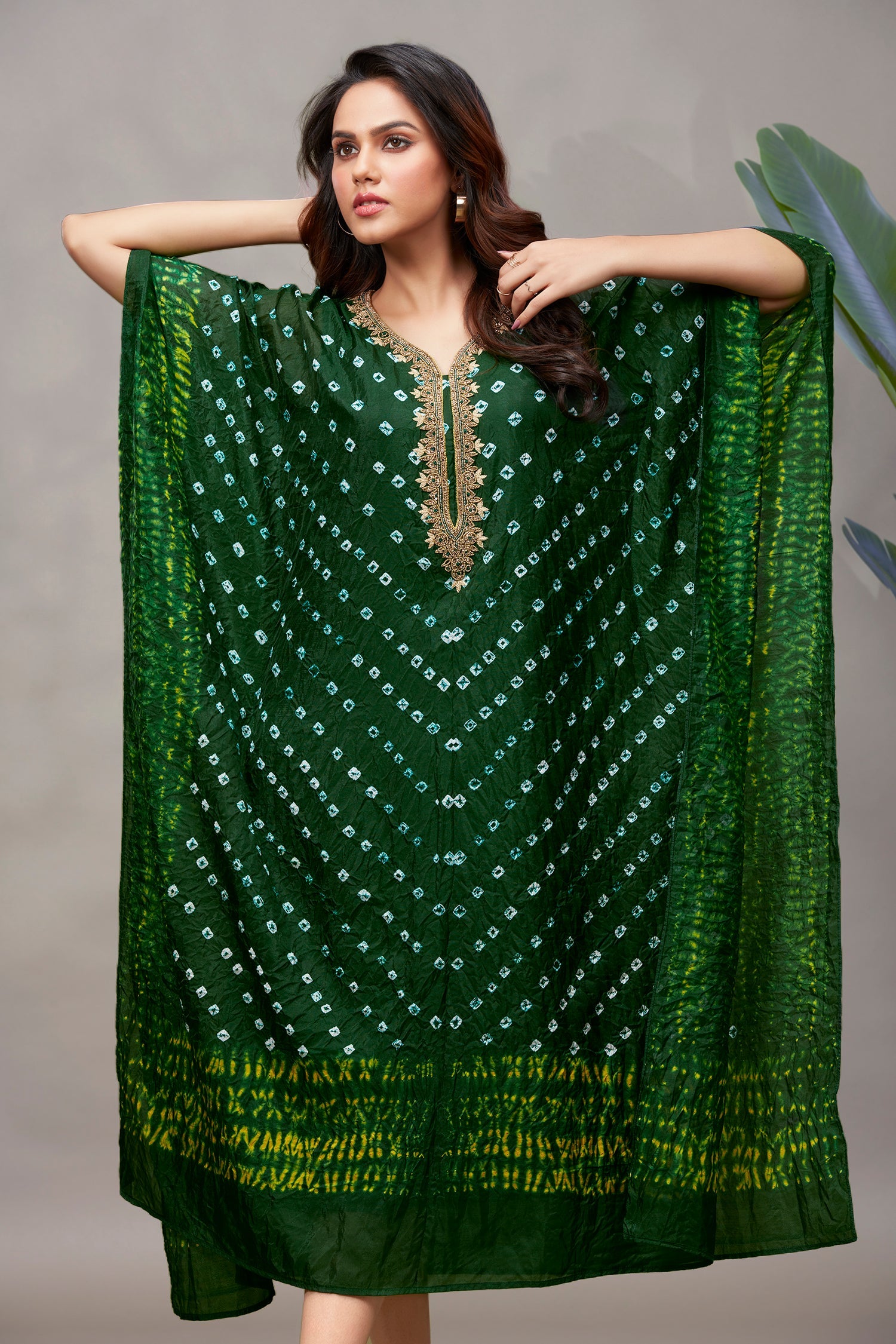 Bandhani Kaftan in Bottle Green Color