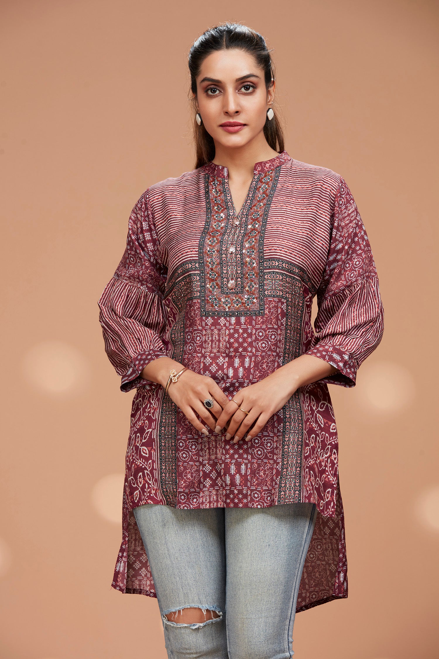 Maroon Muslin High-Low Hem Kurti