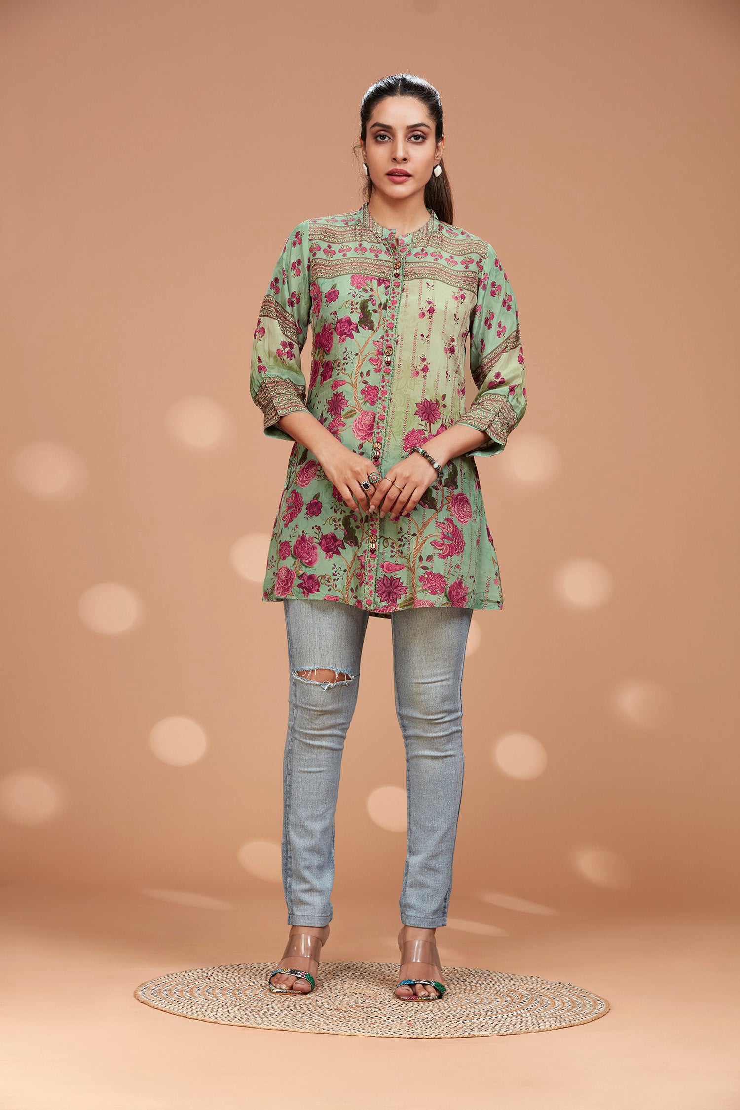 Crepe Floral Shirt with Narrow Cuff