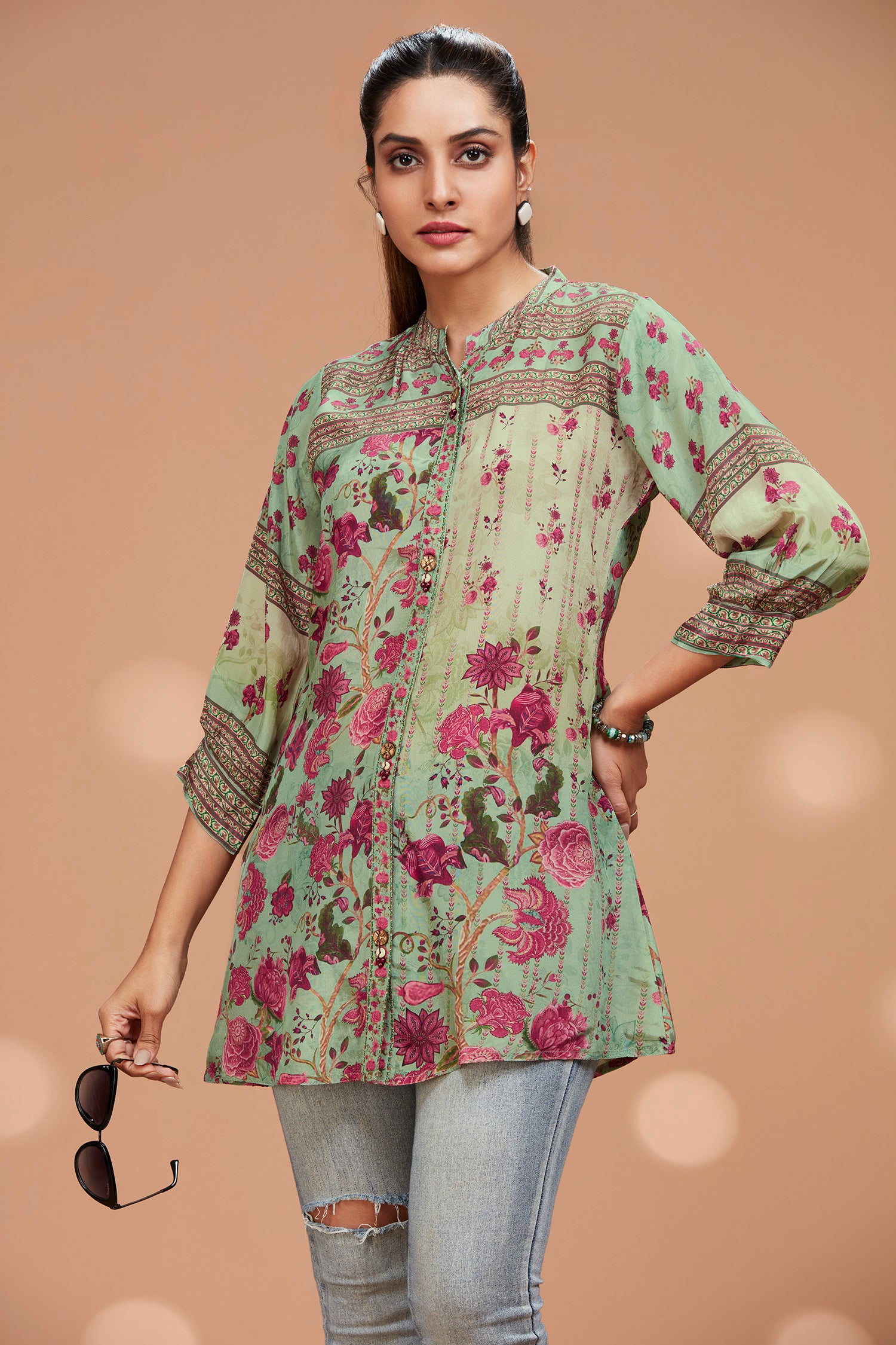 Crepe Floral Shirt with Narrow Cuff