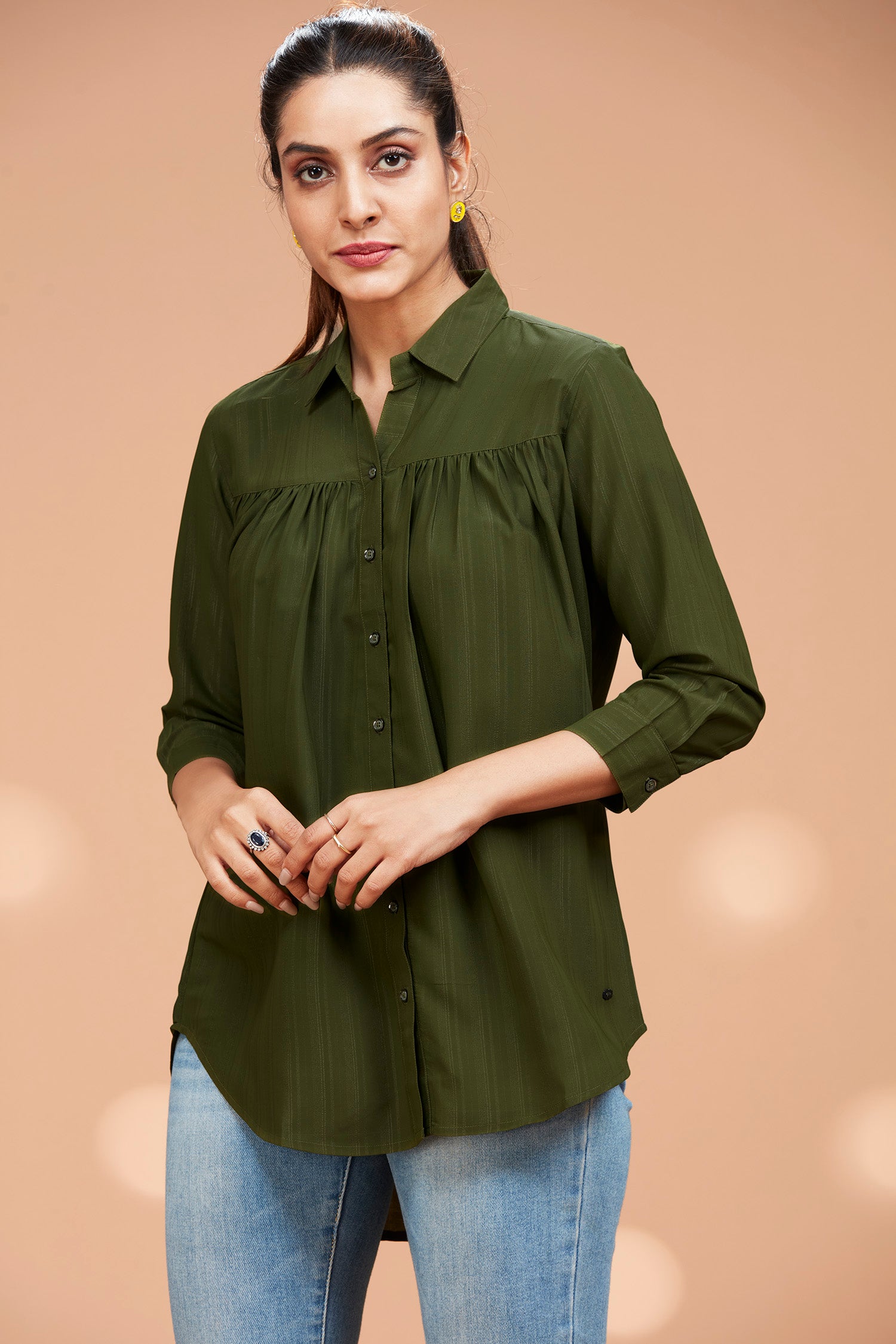 Olive High-Low Hem Basic Shirt