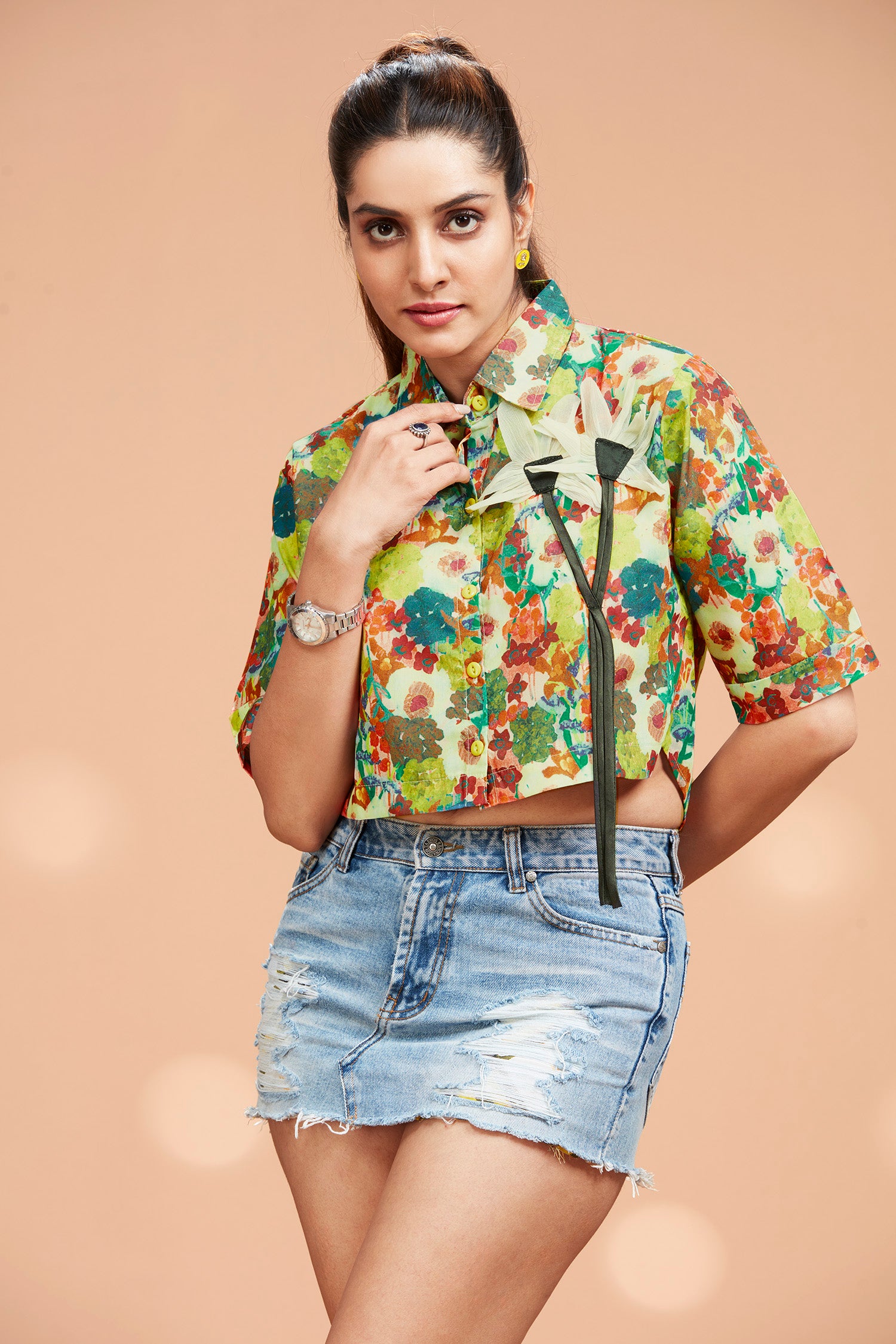 Cotton Crop Shirt with High-Low Hem