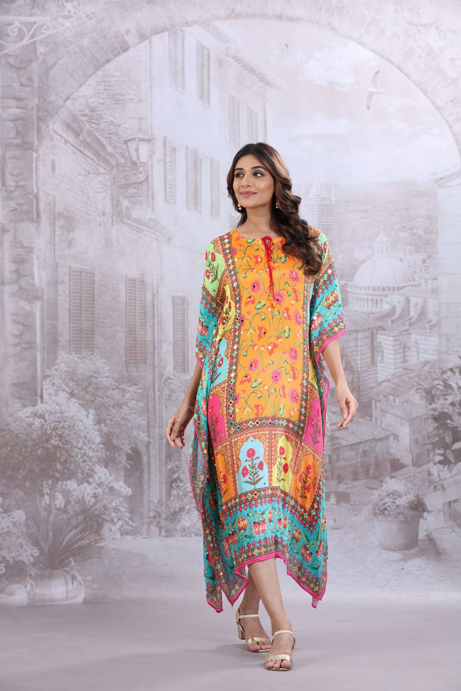 BRIGHT DIGITAL PRINT KAFTAN WITH MIRROR WORK