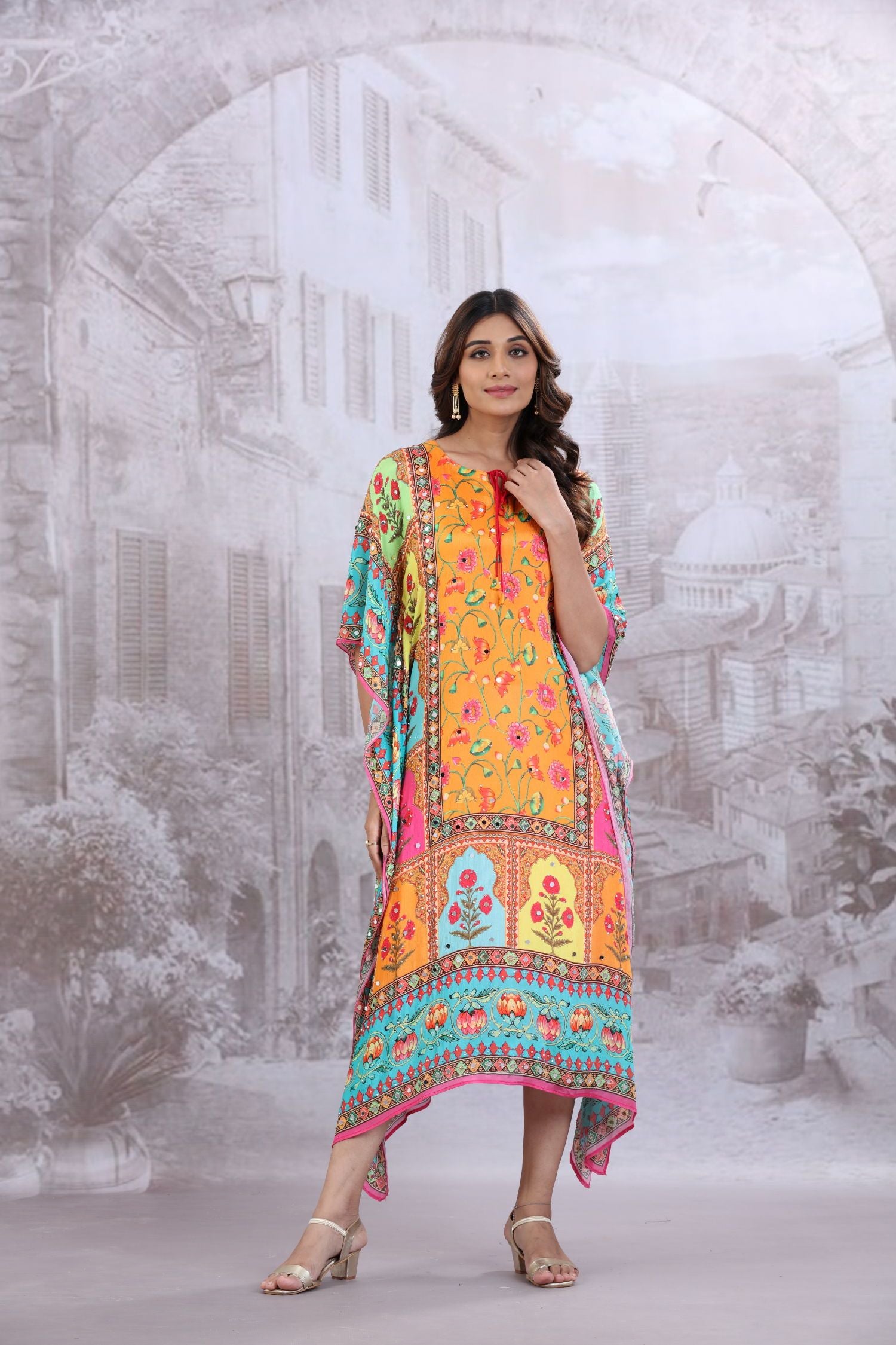 BRIGHT DIGITAL PRINT KAFTAN WITH MIRROR WORK