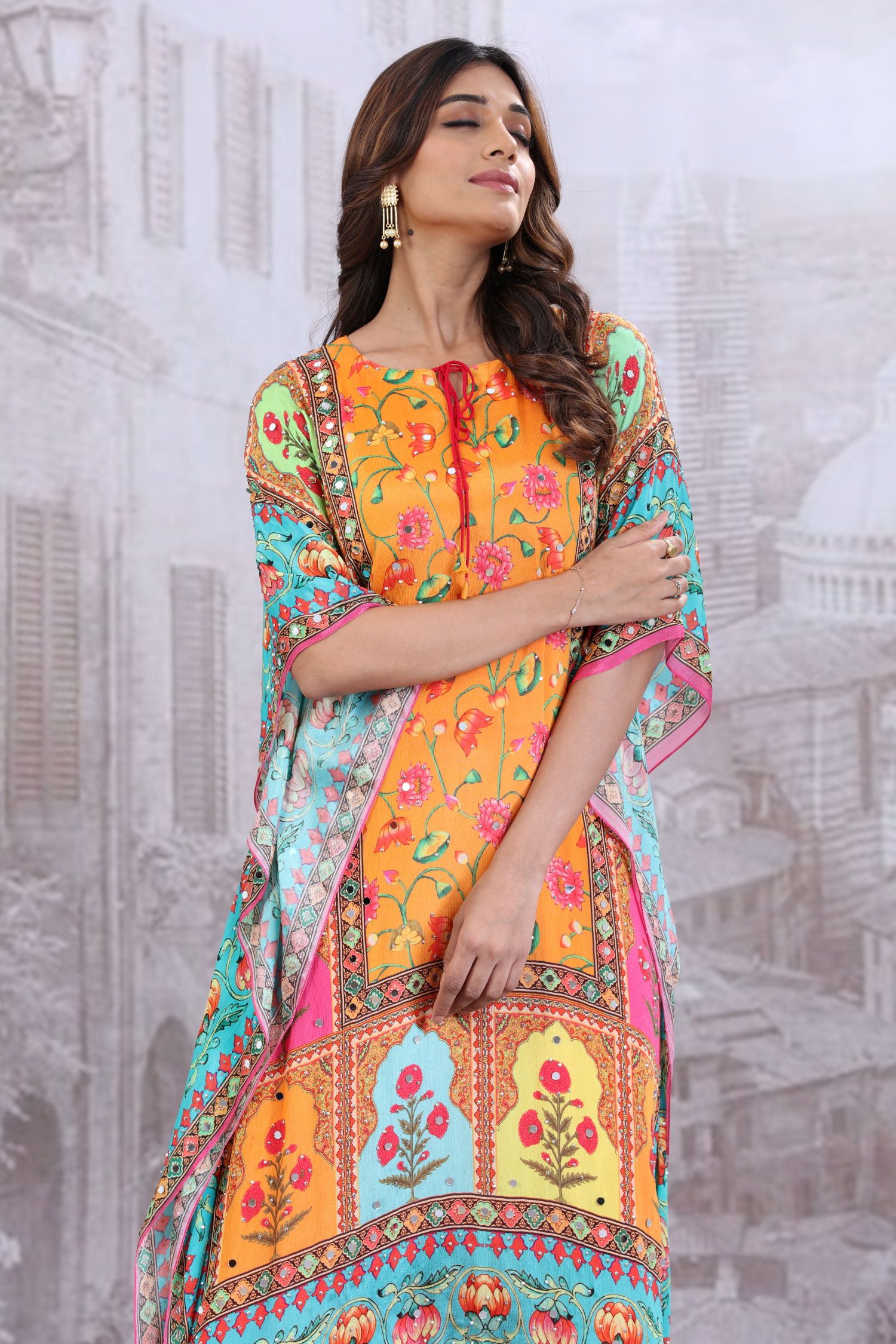 BRIGHT DIGITAL PRINT KAFTAN WITH MIRROR WORK