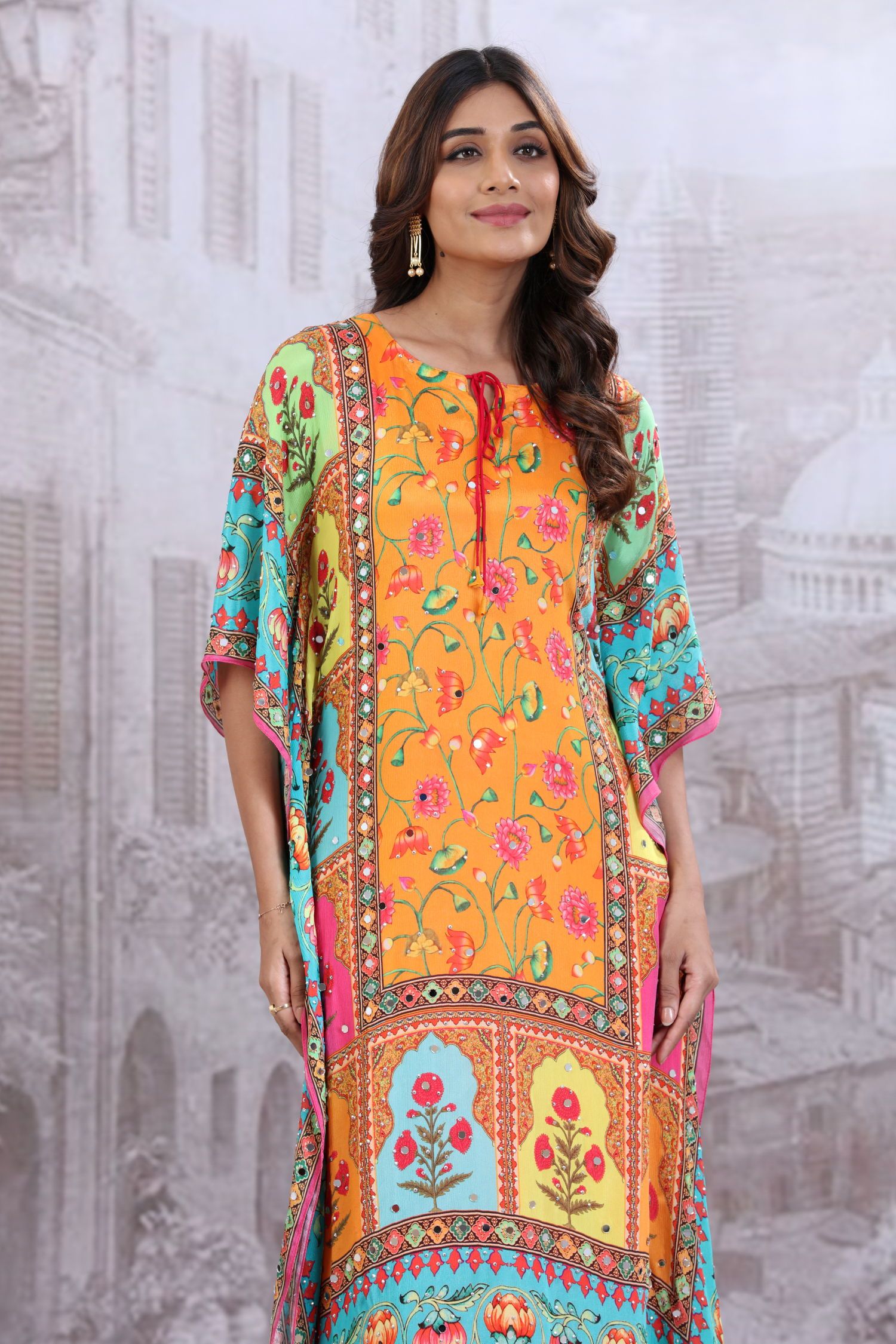 BRIGHT DIGITAL PRINT KAFTAN WITH MIRROR WORK