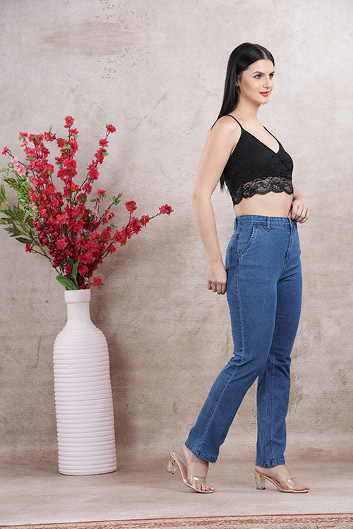 Denim Blue Straight Fit Jeans With Elastic Single Button 2 - Freyaa