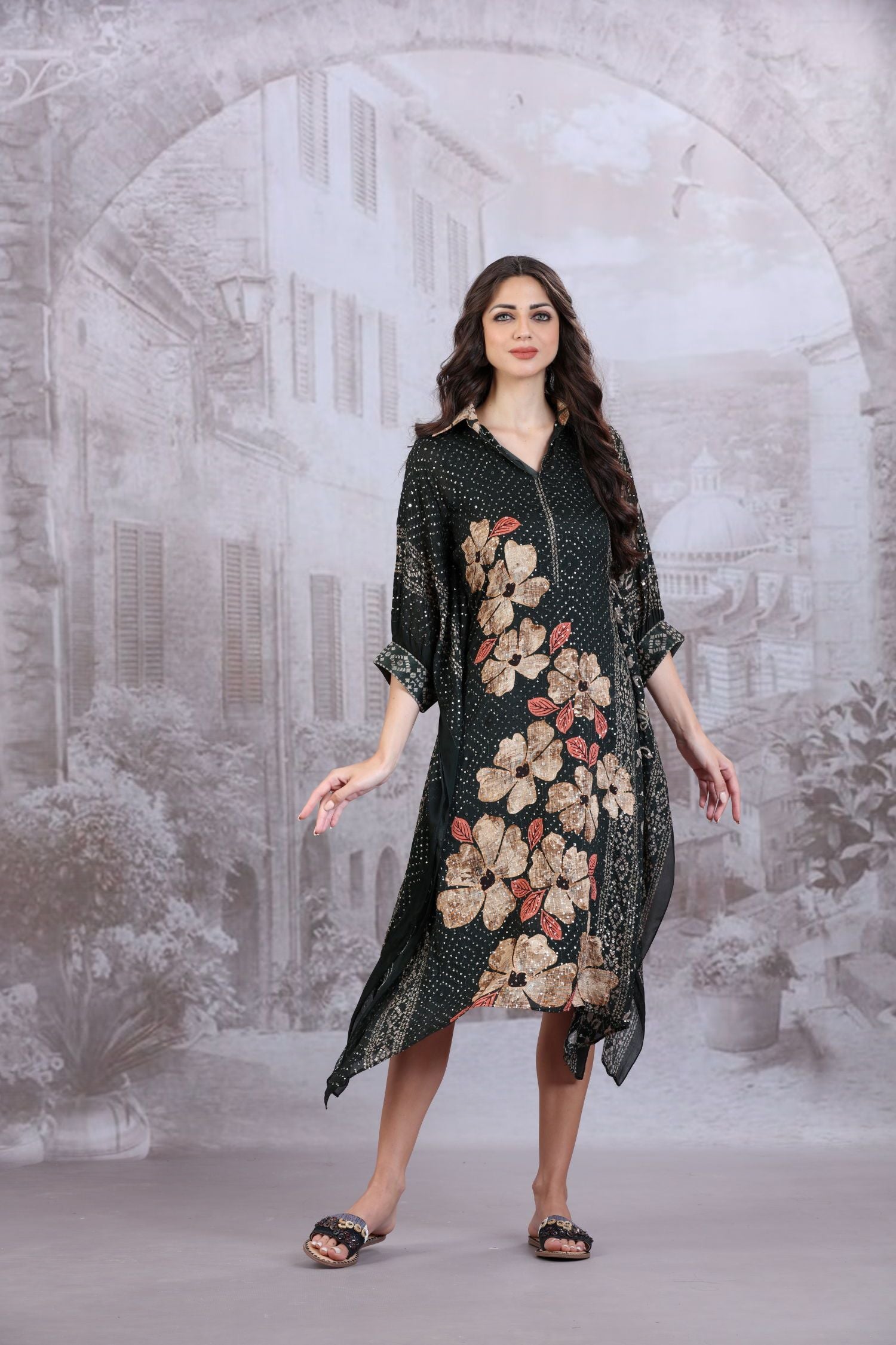 Elegant collar neck all over sequin work Floral printed Kaftan