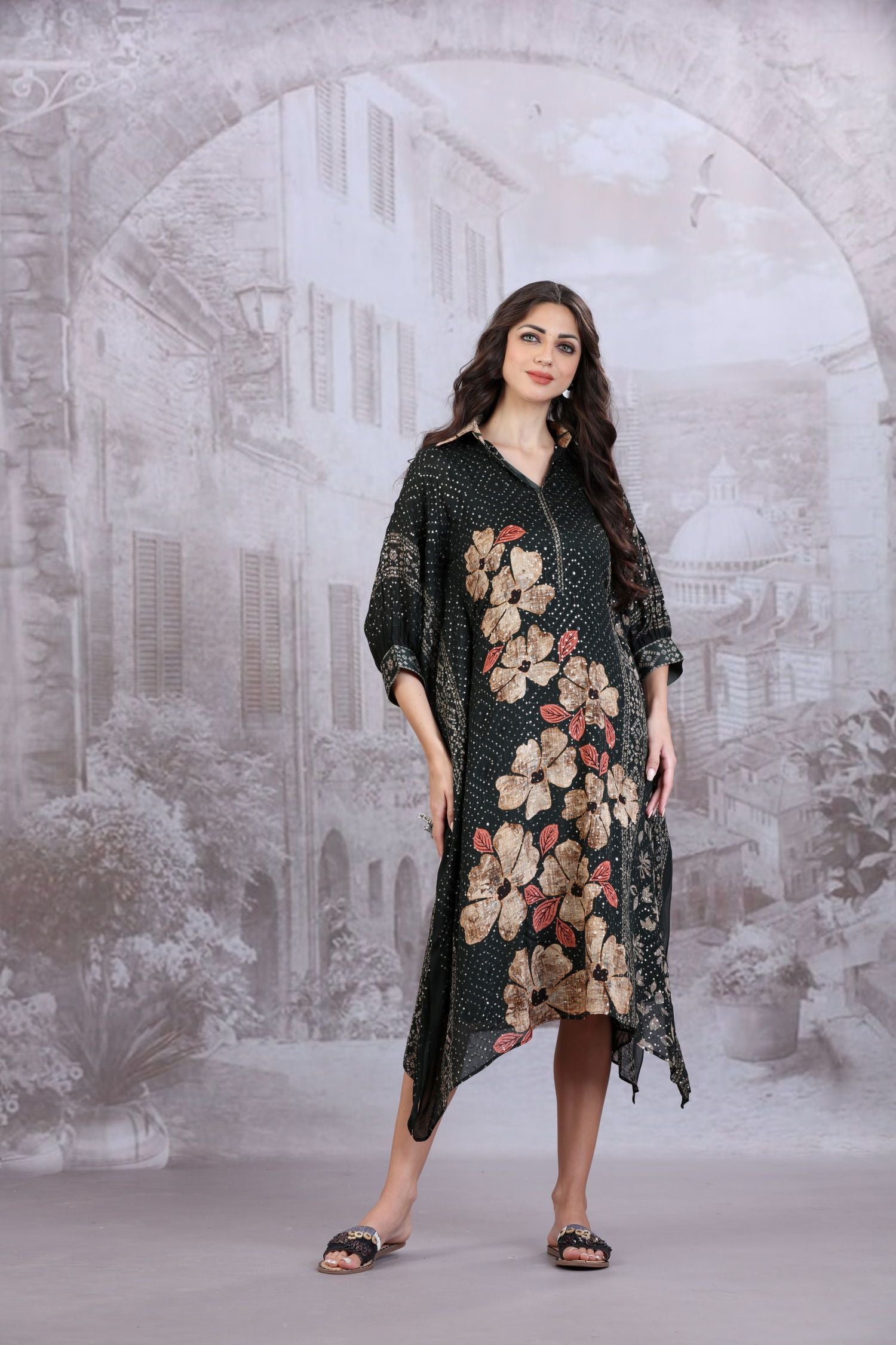 Elegant collar neck all over sequin work Floral printed Kaftan