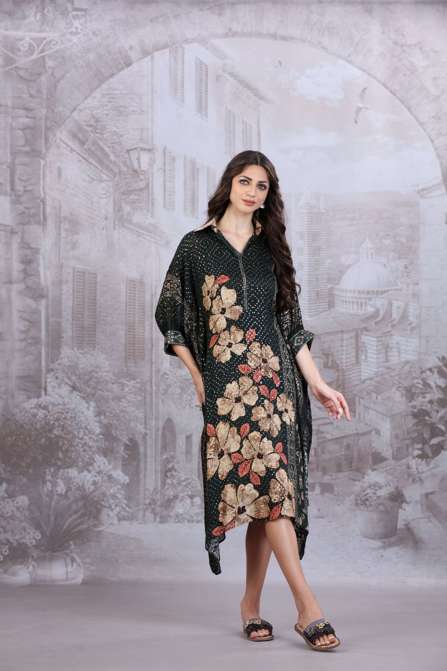 Elegant collar neck all over sequin work Floral printed Kaftan