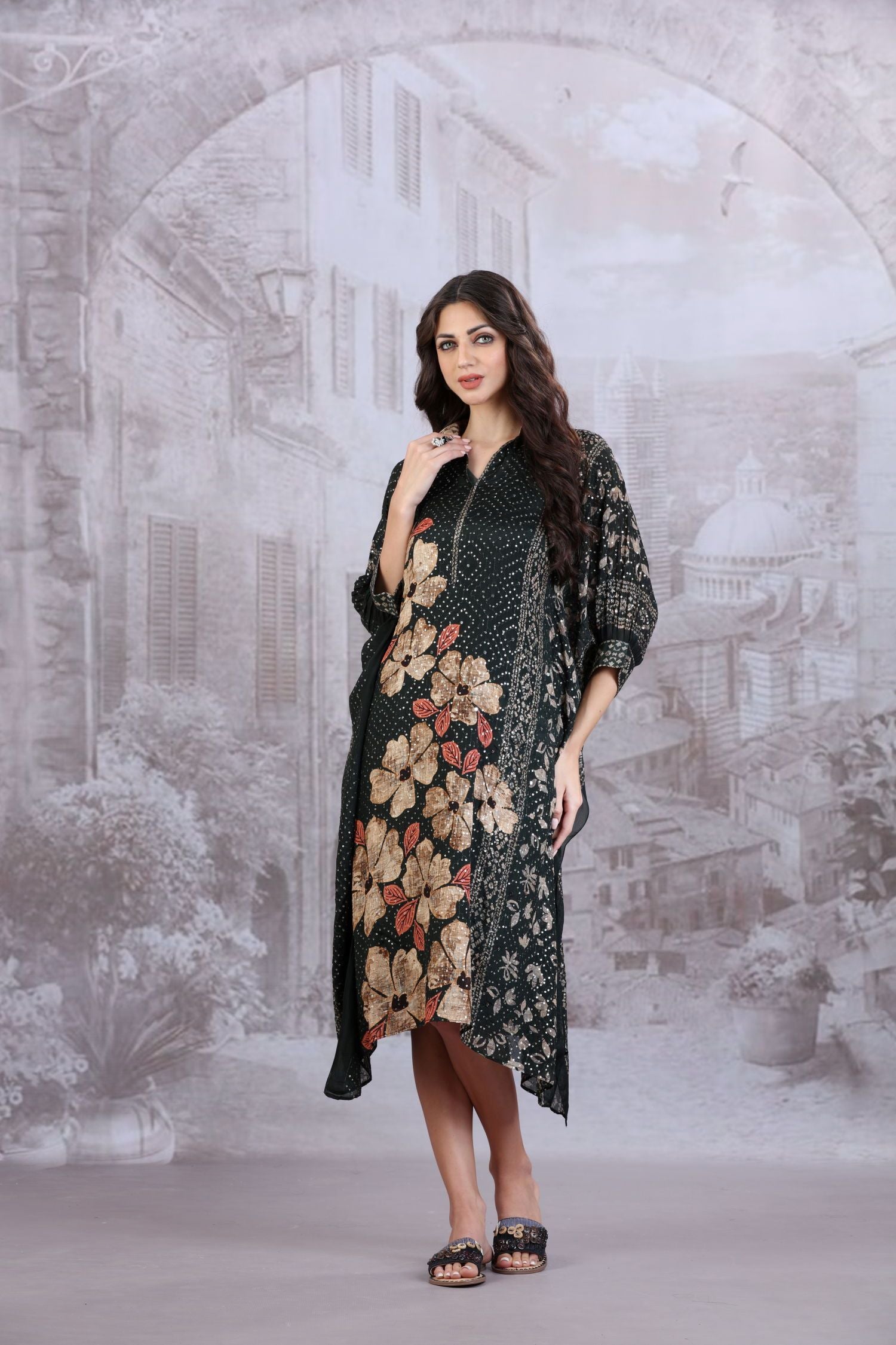 Elegant collar neck all over sequin work Floral printed Kaftan