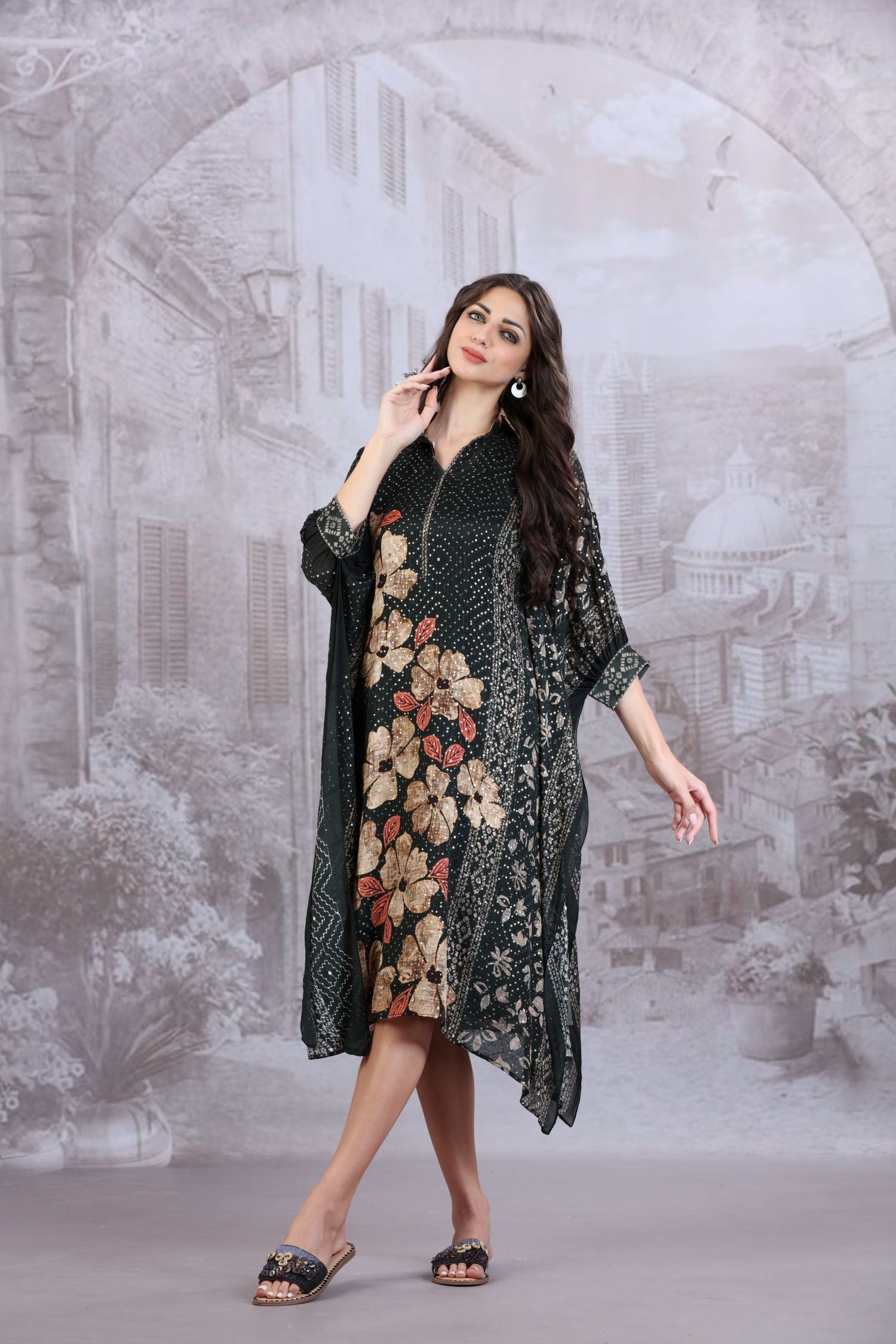 Elegant collar neck all over sequin work Floral printed Kaftan