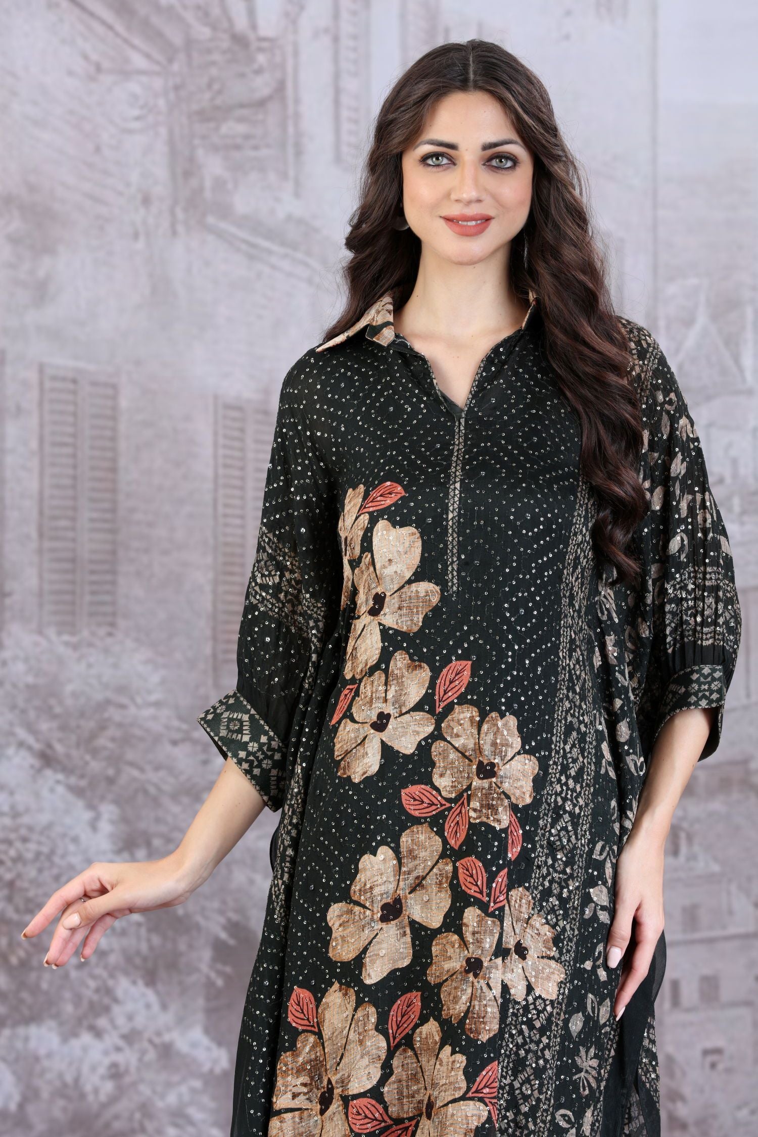 Elegant collar neck all over sequin work Floral printed Kaftan