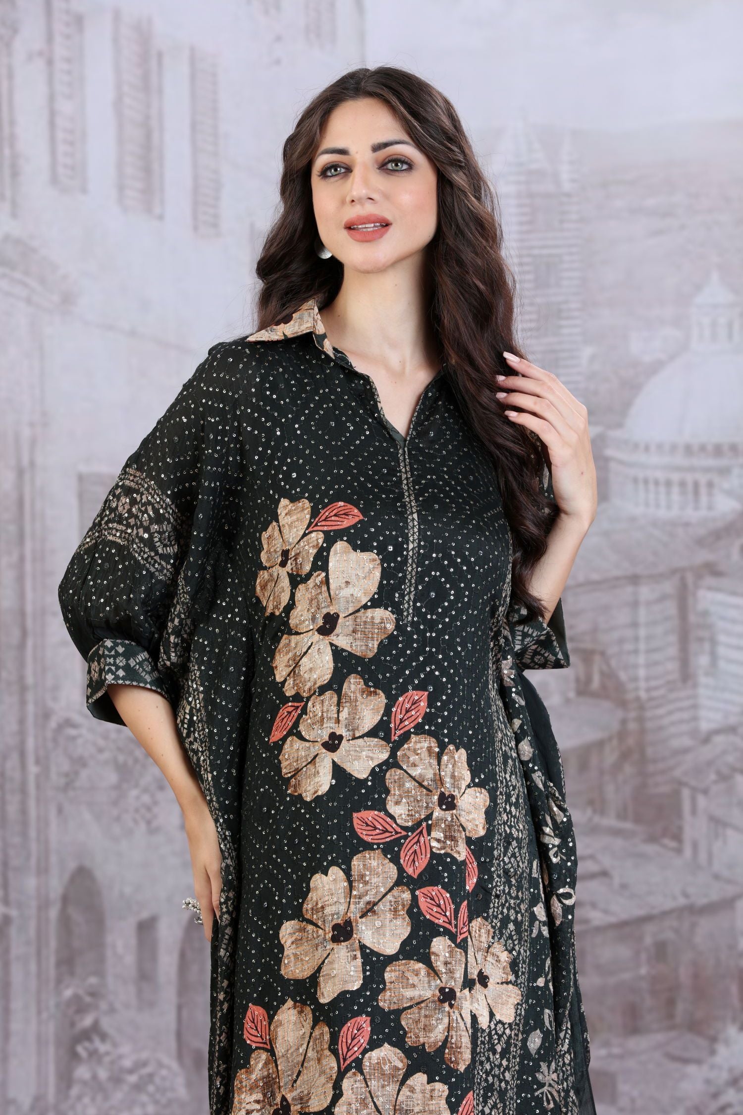 Elegant collar neck all over sequin work Floral printed Kaftan