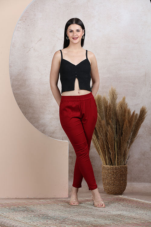 Red Lycra Leggings With Fine Lines - Freyaa