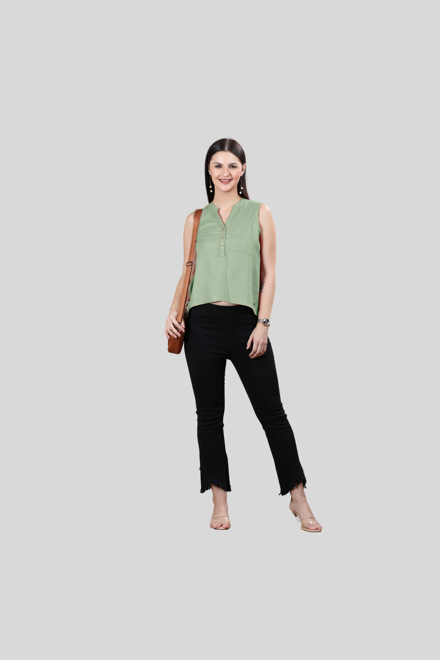 Pista Green High Low Hem Solid Sleeveless Top - Freyaa