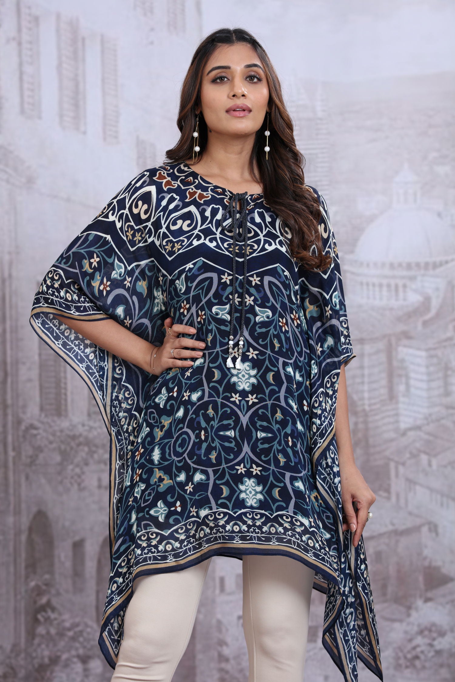 Dark Blue color royal print short Kaftan