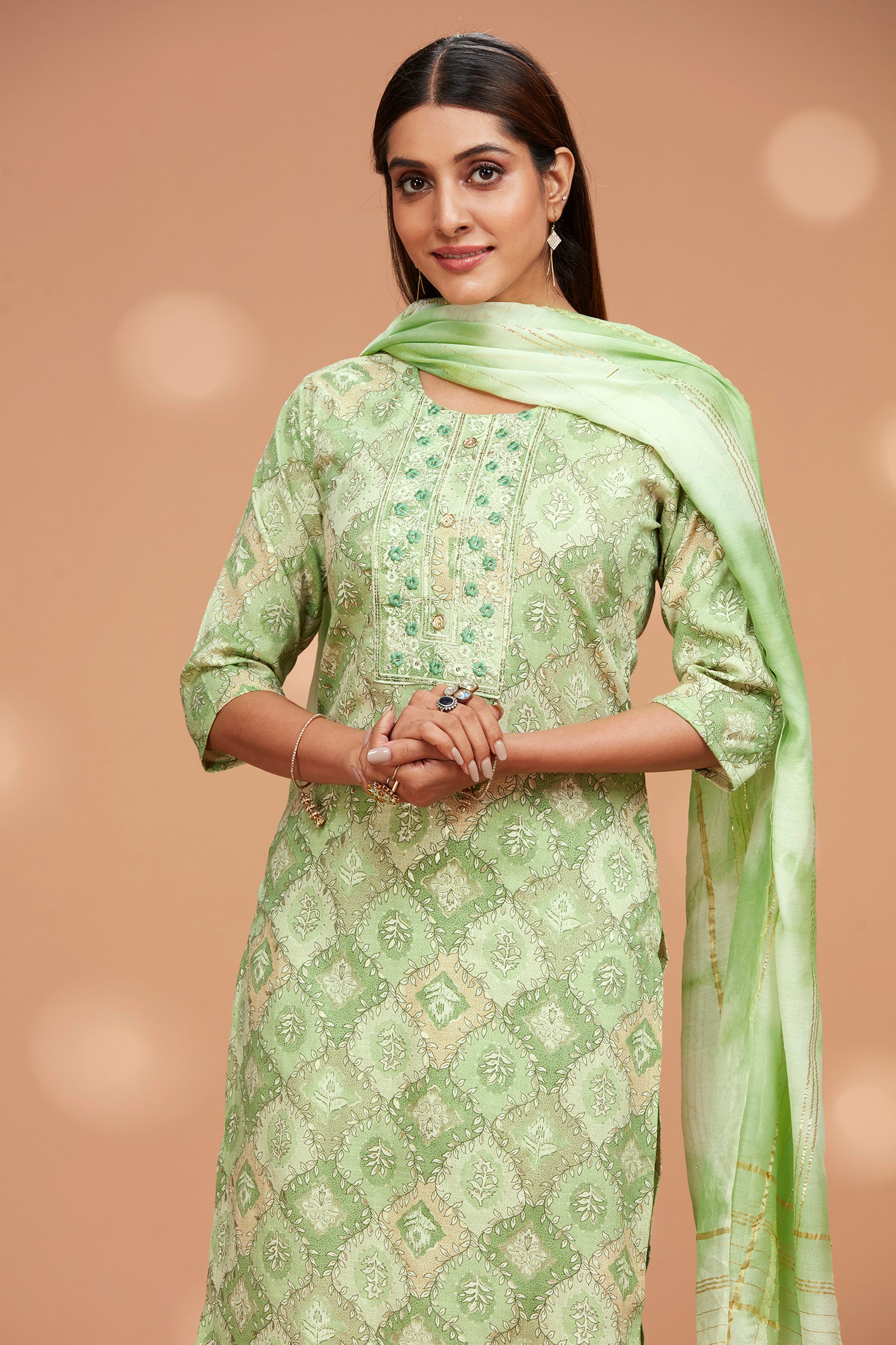 Printed Straight fit Embroidered Kurta with Palazzo Pant & Tie-die Duppatta - Light Green