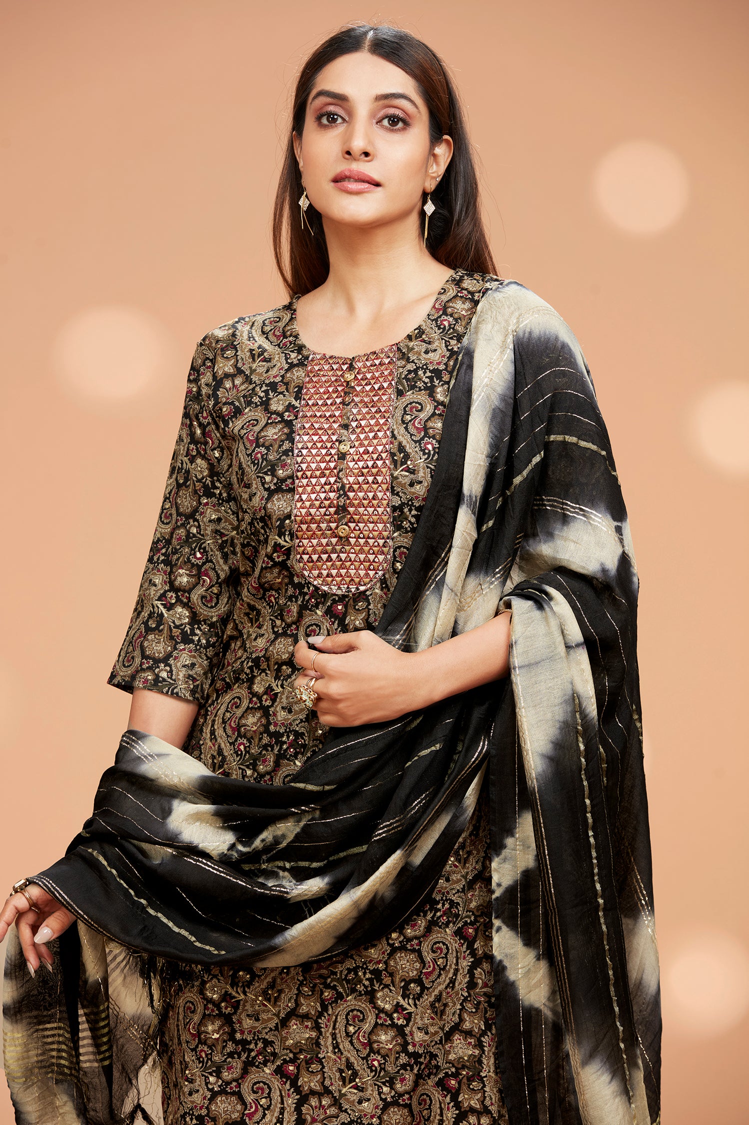 Printed Straight fit Embroidered Kurta with Palazzo Pant & Tie-die Duppatta